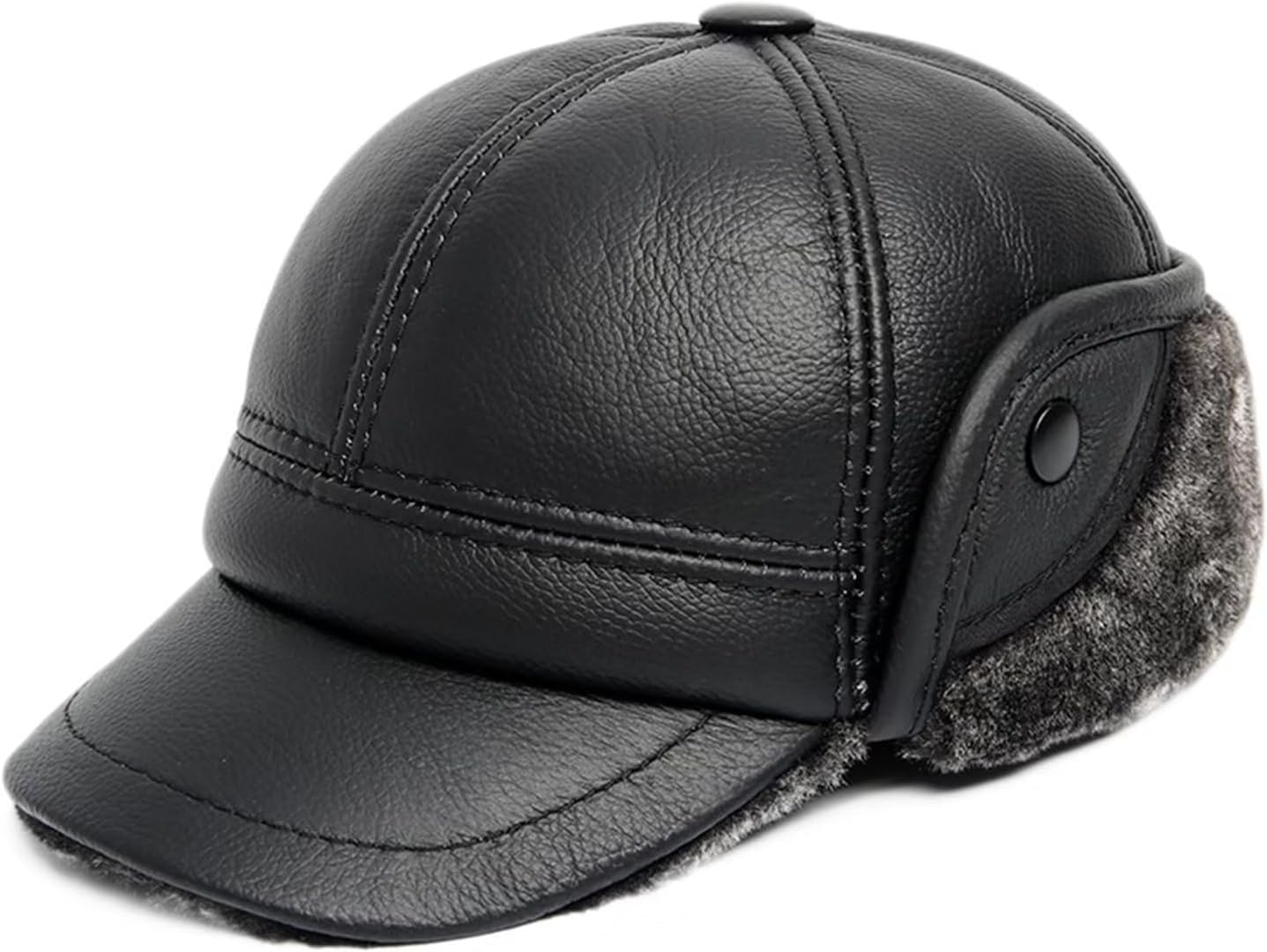 Winter Trapper Hat with Ear Flaps Leather Baseball Cap,Faux Fur Hunting Aviator Pilot Cap,Warm Ski Hat for Men Women,Black-XL