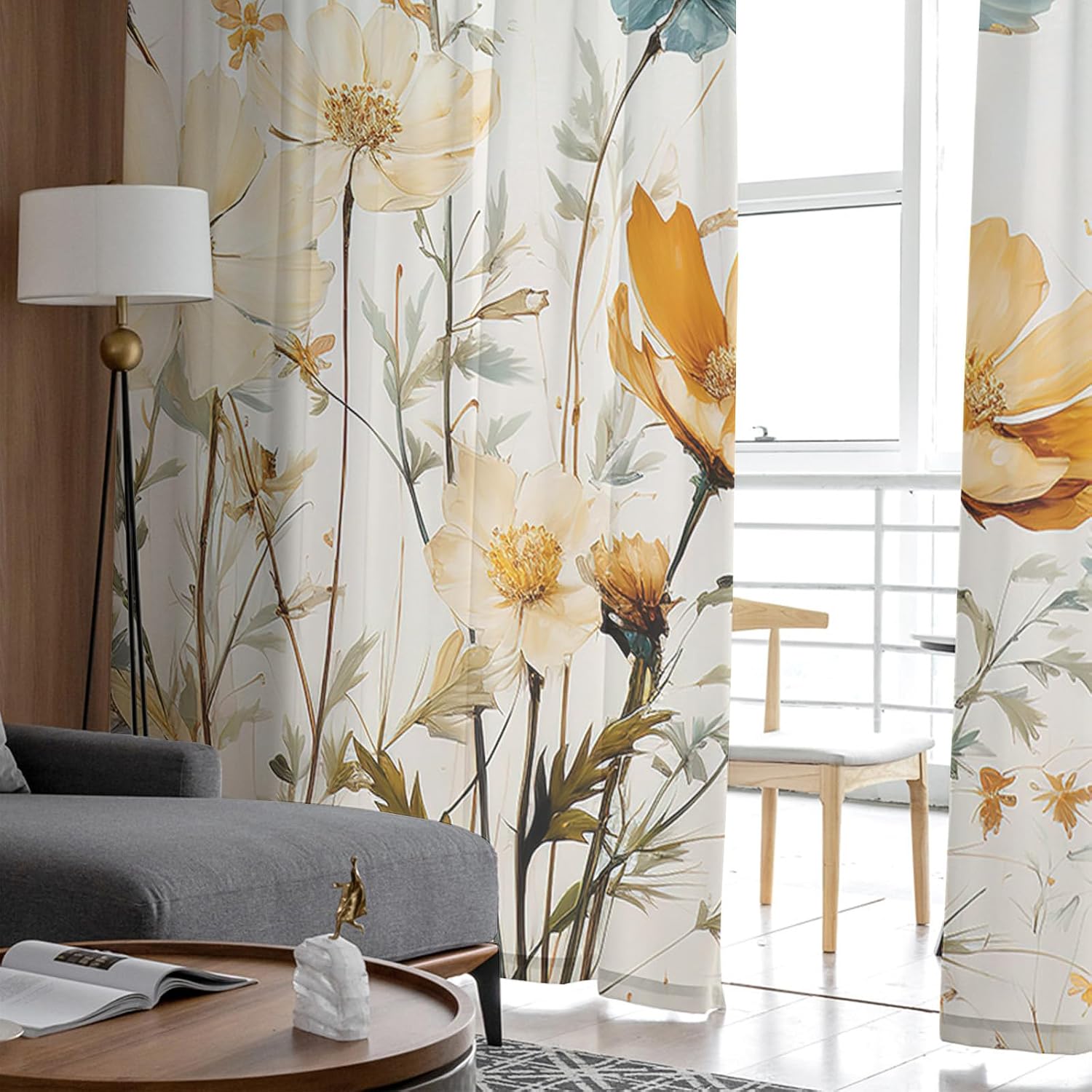 Sheer Curtains 96 Inches Long, Spring Watercolor Flower Leaves Window Treatment Panels Light Filtering Rod Pocke Curtain Voile Drapes for Bedroom/Living Room Each 52" W x 96" L