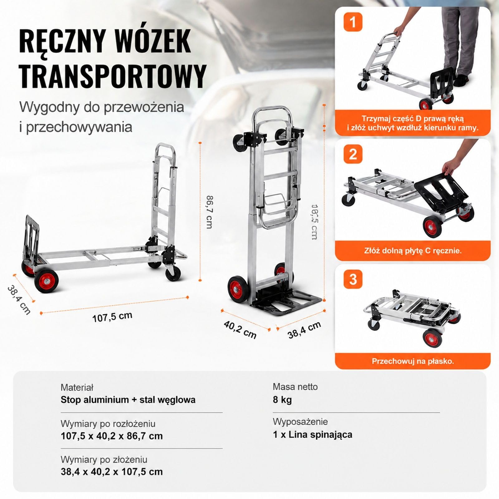 Składany wózek transportowy 2 w 1 z aluminium i stali węglowej, wózek ręczny i platformowy, udźwig 113/181 kg, gumowe koła, do użytku wewnątrz i na zewnątrz
