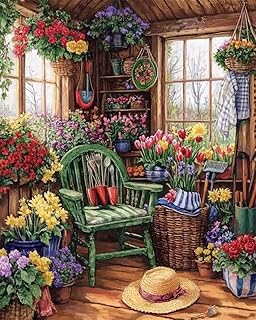 A Hut Filled with Flowers Paint by Number for Adults Beginner,Green Chair Paint by Numbers,Tool Shed with Flowers Paint by Numbers Kits Suitable for Home Decoration Without Frame 16x20 Inch