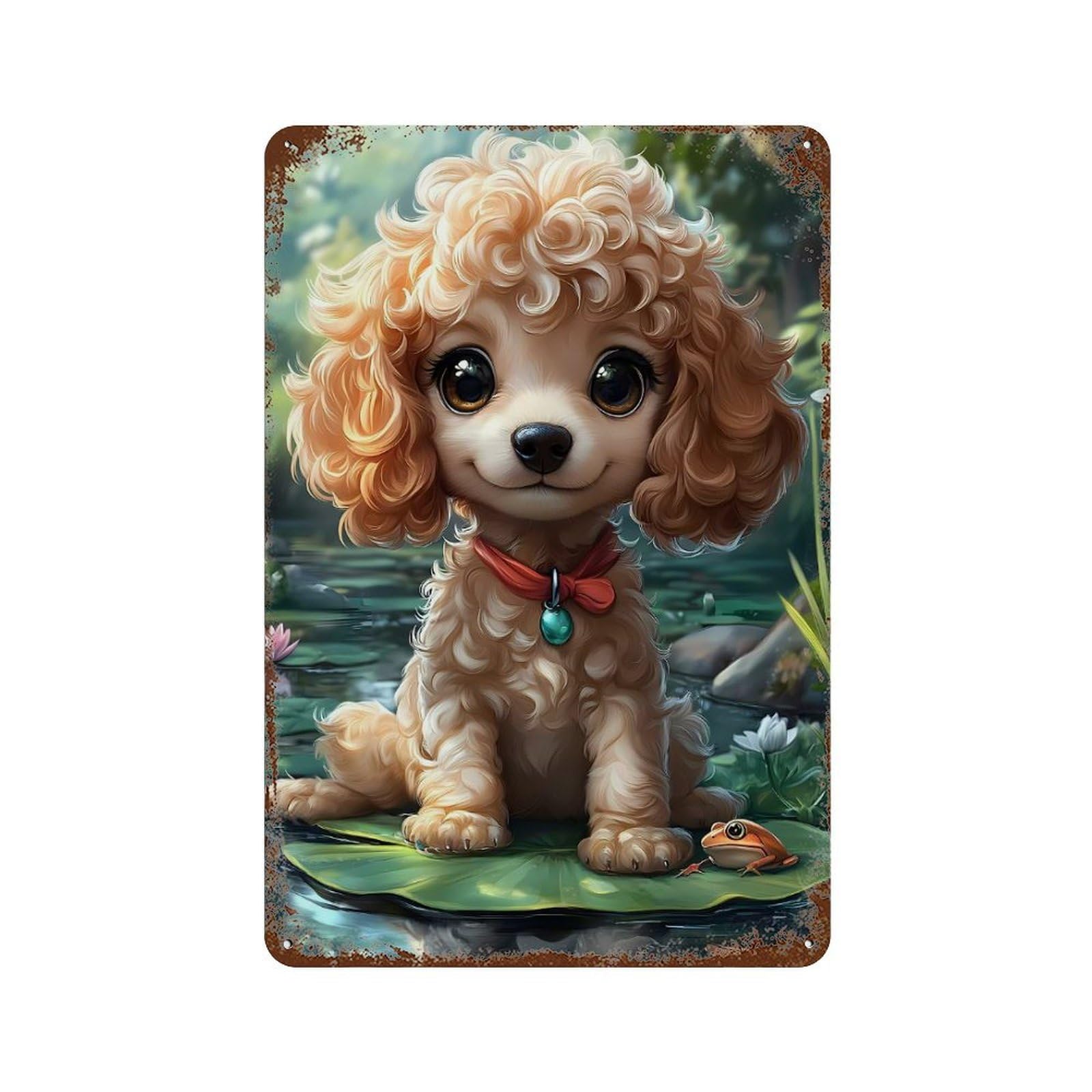 Cute Poodle on Lily Pad Animal Aged Metal Wall Plaque 11.8"x7.9", Industrial Home Decor for Pub, Kitchen And Man Cave Decor