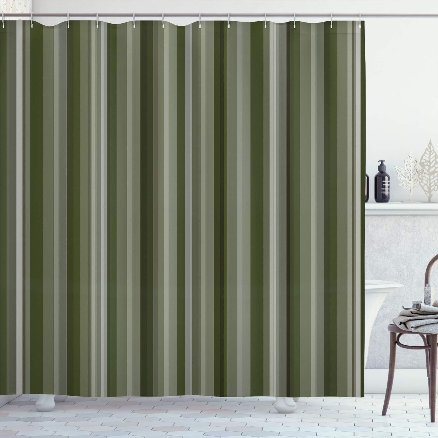 Ambesonne Stripes Shower Curtain, Abstract Ocean Inspired Palette Lines Geometrical Image Illustration, Cloth Fabric Bathroom Decor Set with Hooks, 70" Long, Green