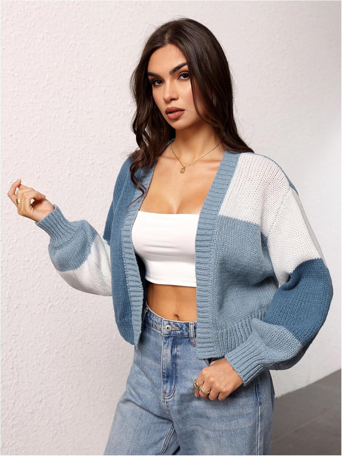 SHENHE Women's Color Block Cardigan Open Front Long Sleeve Knit Cropped Sweater - Image 3