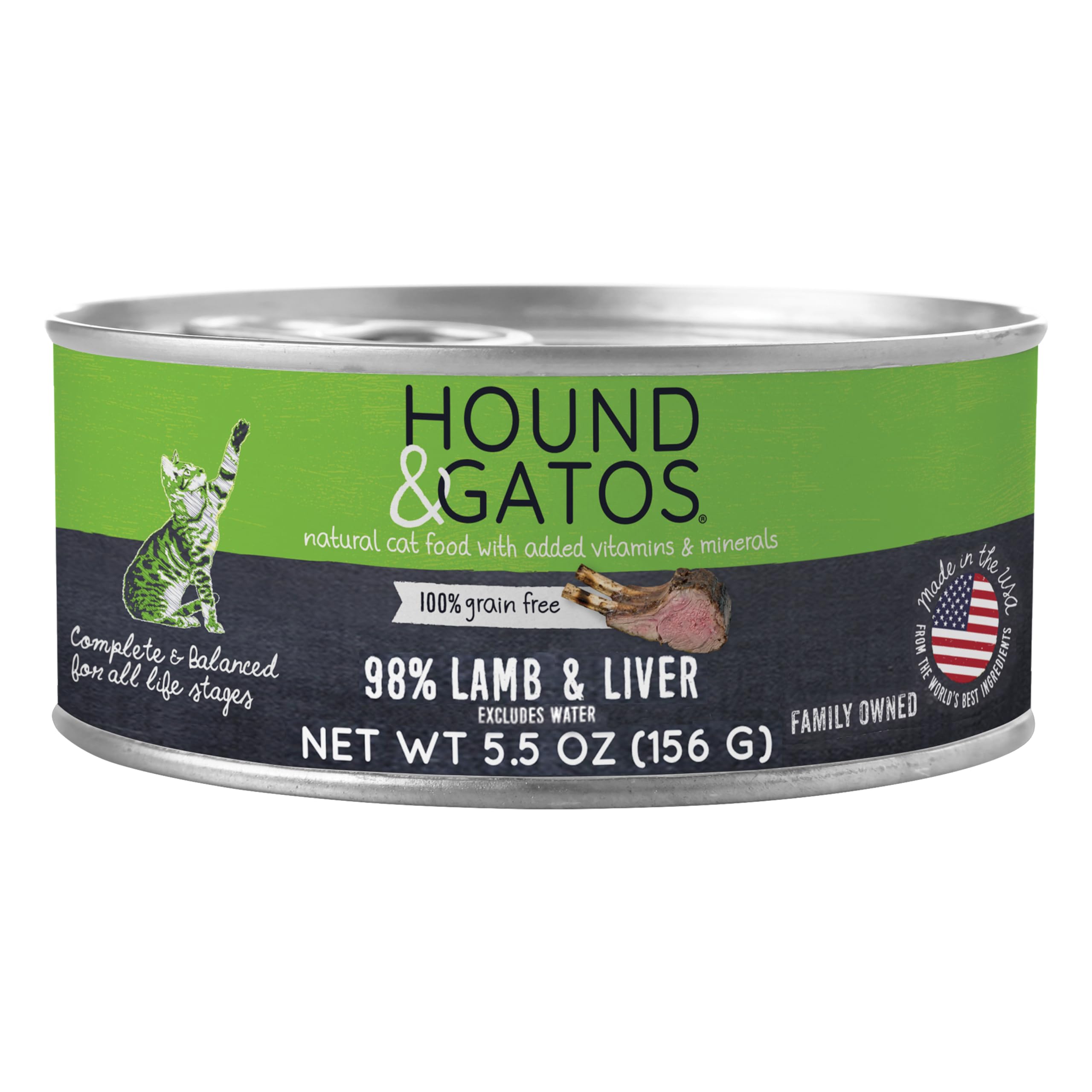 Hound & Gatos Wet Cat Food, 98% Lamb & Liver, Grain Free Pate Cat Food, Real Meat, High Protein, Limited Ingredients, No Additives, 5.5 oz. Cans (Pack of 24)
