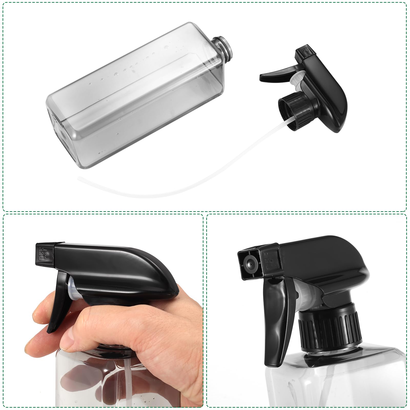 Butelki z rozpylaczem do czyszczenia, 500 ml, butelka z rozpylaczem do włosów, do roślin, do wielokrotnego napełniania, plastikowe butelki z rozpylaczem do włosów (kwadratowe, czarne, przezroczyste)