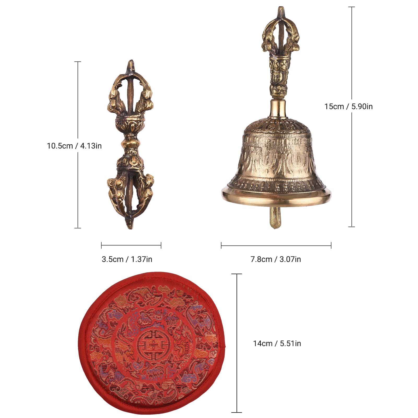 Karlak Campana de mano budista tibetana de bronce con acolchado Vajra para meditación y oración