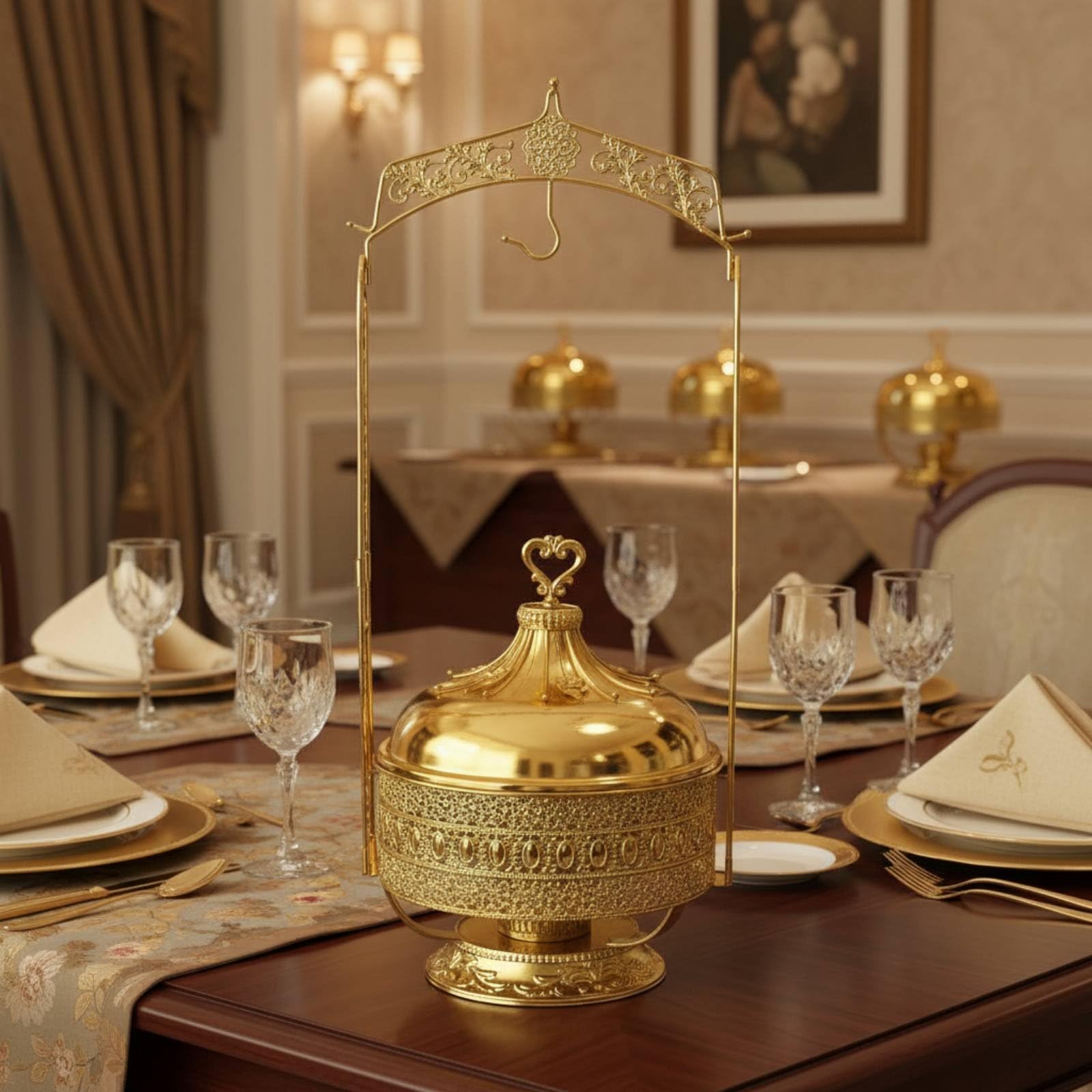 Qianly Chafing Dish Buffet Scalda Buffet Vassoio Servizio Riscaldatore Pietanze in Acciaio Inossidabile Finitura Oro Capacità 8L Adatto per Catering Eventi, 8L, Coperchio Combinato In Vetro Piccolo