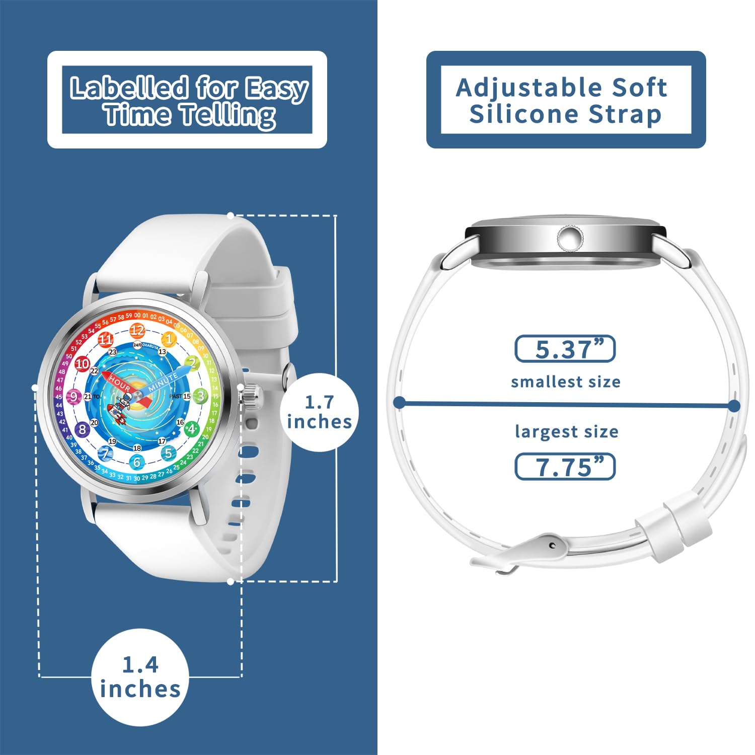 Orologio per bambini – Orologio per bambini – per ragazzi e ragazze dai 7 ai 10 anni, 8 – 12 anni, astronauta, strumento didattico a tempo, colorato bianco