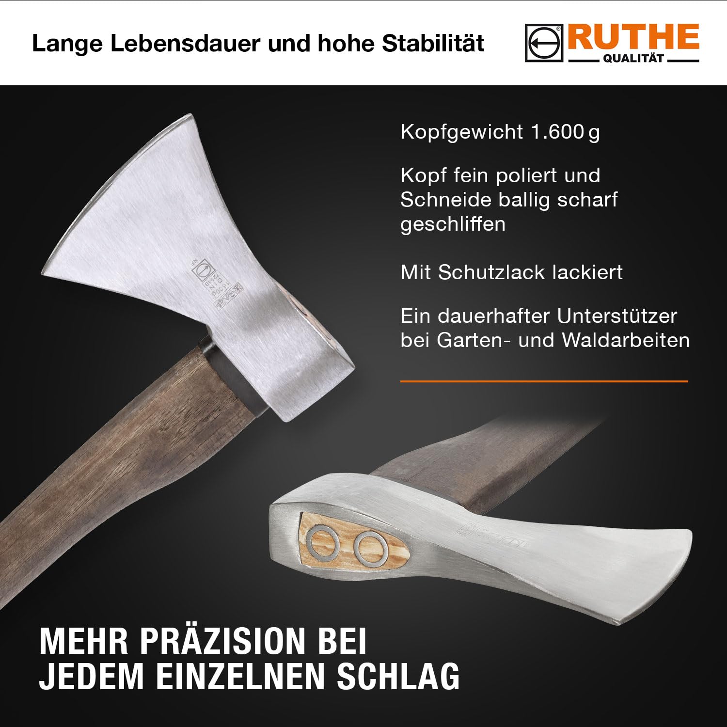 RUTHE Hacha Hickory 1.600 g | Hacha leña Profesional Totalmente forjada y templada | Hachas Bellota con Filo Convexo Pulido | Forjada en una Sola Pieza | Filo Convexo Pulido y Duradero