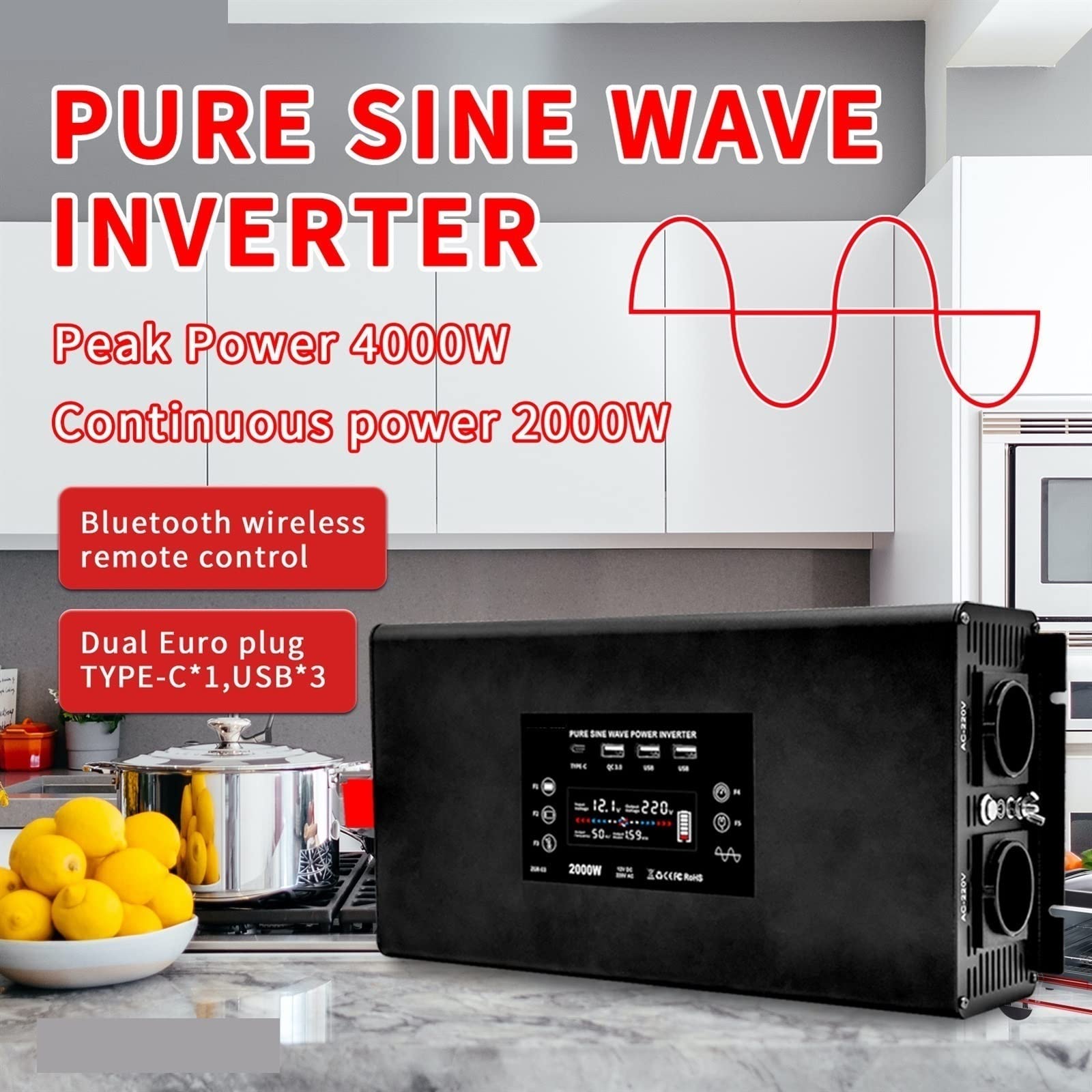 Czysta fala sinusoidalna przetwornica mocy przetwornica mocy moc szczytowa 4000W DC 12V 24V 36V 48V 60V do AC 220 230 moc ciągła 2000W(48V)