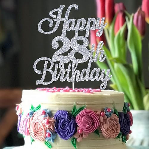 Miniatura 7 de Decoración para tartas de feliz cumpleaños número 28 con purpurina plateada, decoración de cumpleaños de 28 años, decoración de cumpleaños de 28