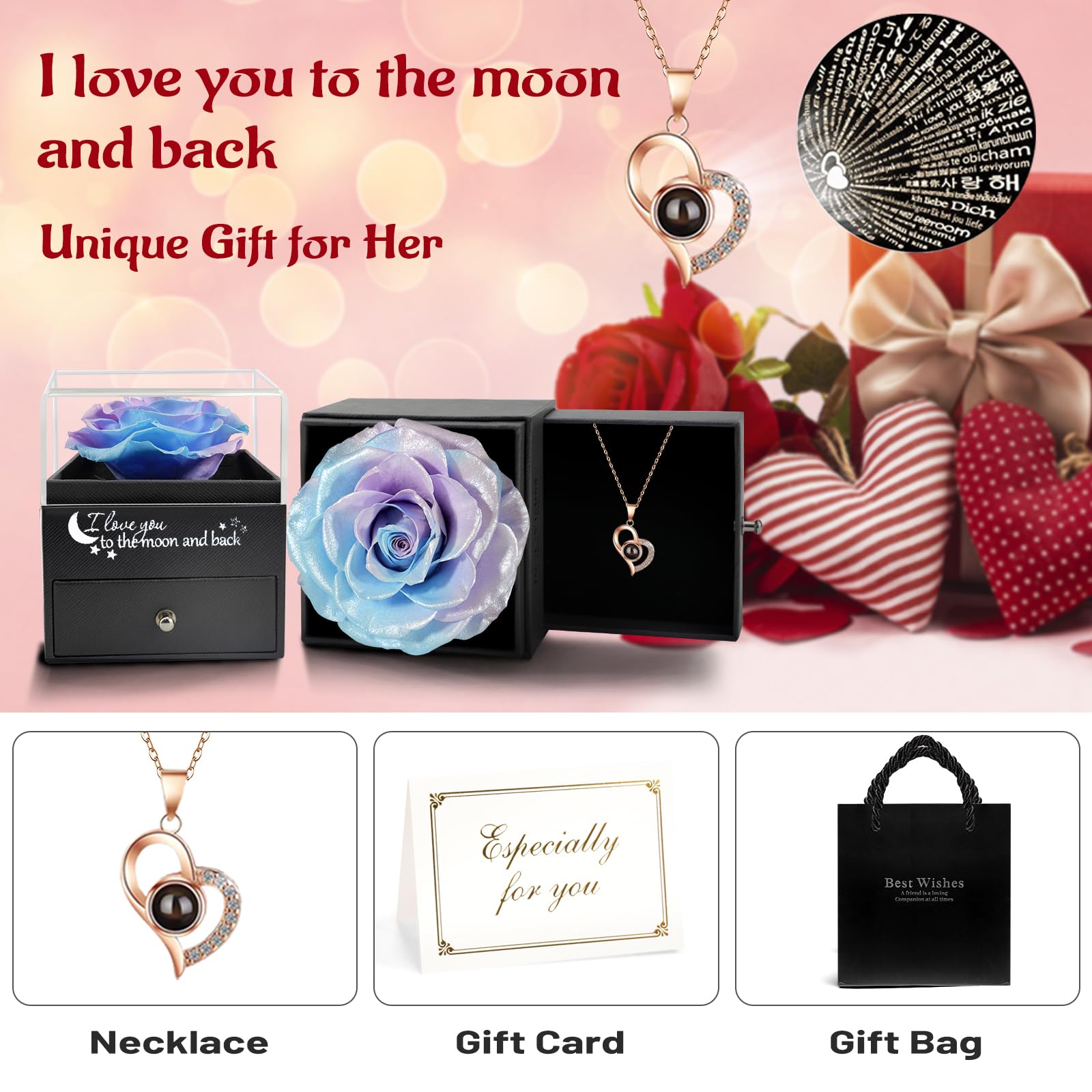 Yamonic Rosa Eterna Regalos Originales para Mujer,Rosa Eterna Natural Preservada con Collar Regalo Mujer,Flore Preservada Regalos Madres Regalo Navidad San Valentin Dia de la Madre Cumpleaños