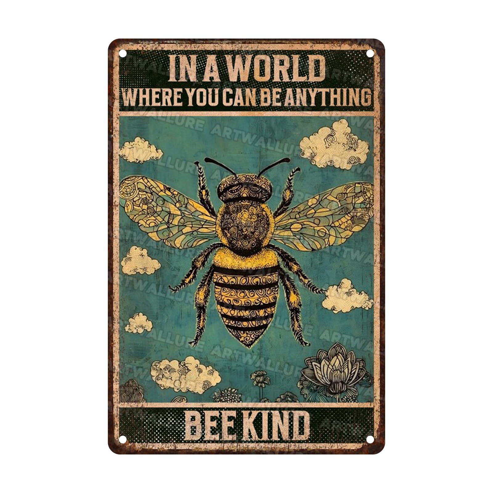 Bee Vintage Sign Floral and Bee Art Decor Metal Tin Sign Hippie Wall Home Kitchen Decor 8x12inch