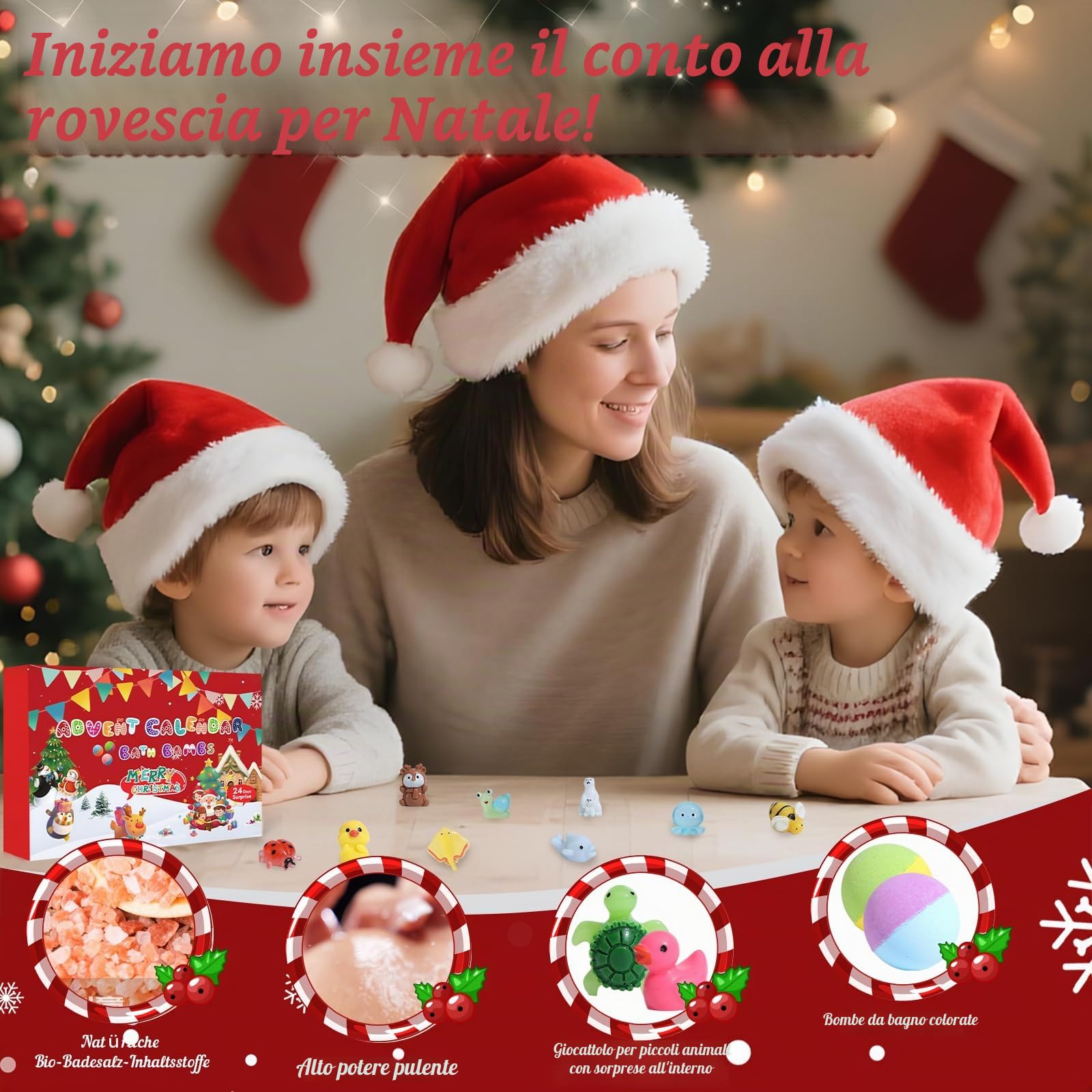 Calendario dell'Avvento 2025 per bambini, bomba da bagno di Natale, per bambini con 24 animali sorpresa, bombe da bagno in schiuma naturale e organica, regalo di Natale per ragazze e ragazzi