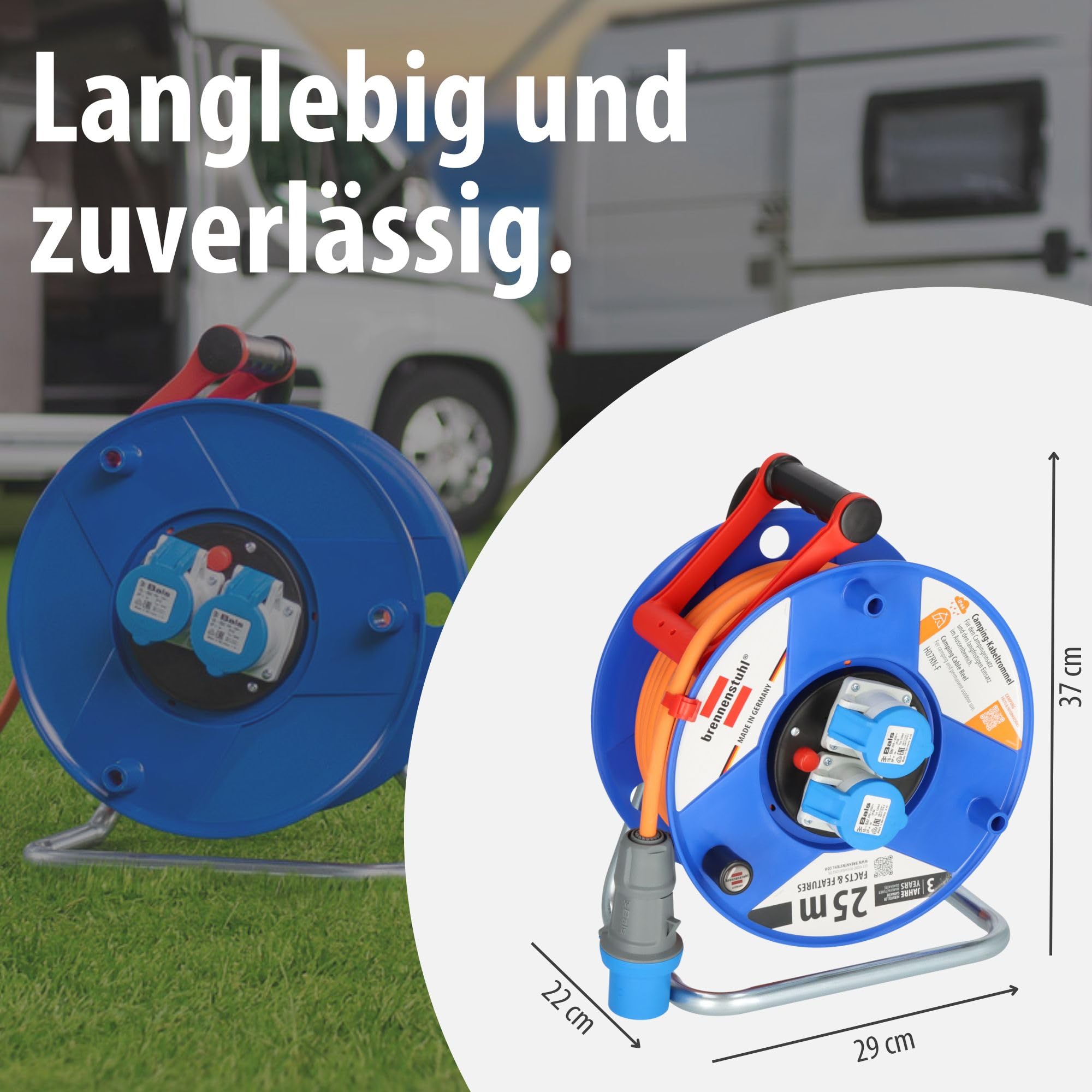 Brennenstuhl CEE 230V Camping-Kabeltrommel (25m H07RN-F 3G2,5 Kabel in orange, Kabeltrommel mit 2 CEE-Steckdosen, für den ständigen Einsatz im Außenbereich IP44, Made in Germany)