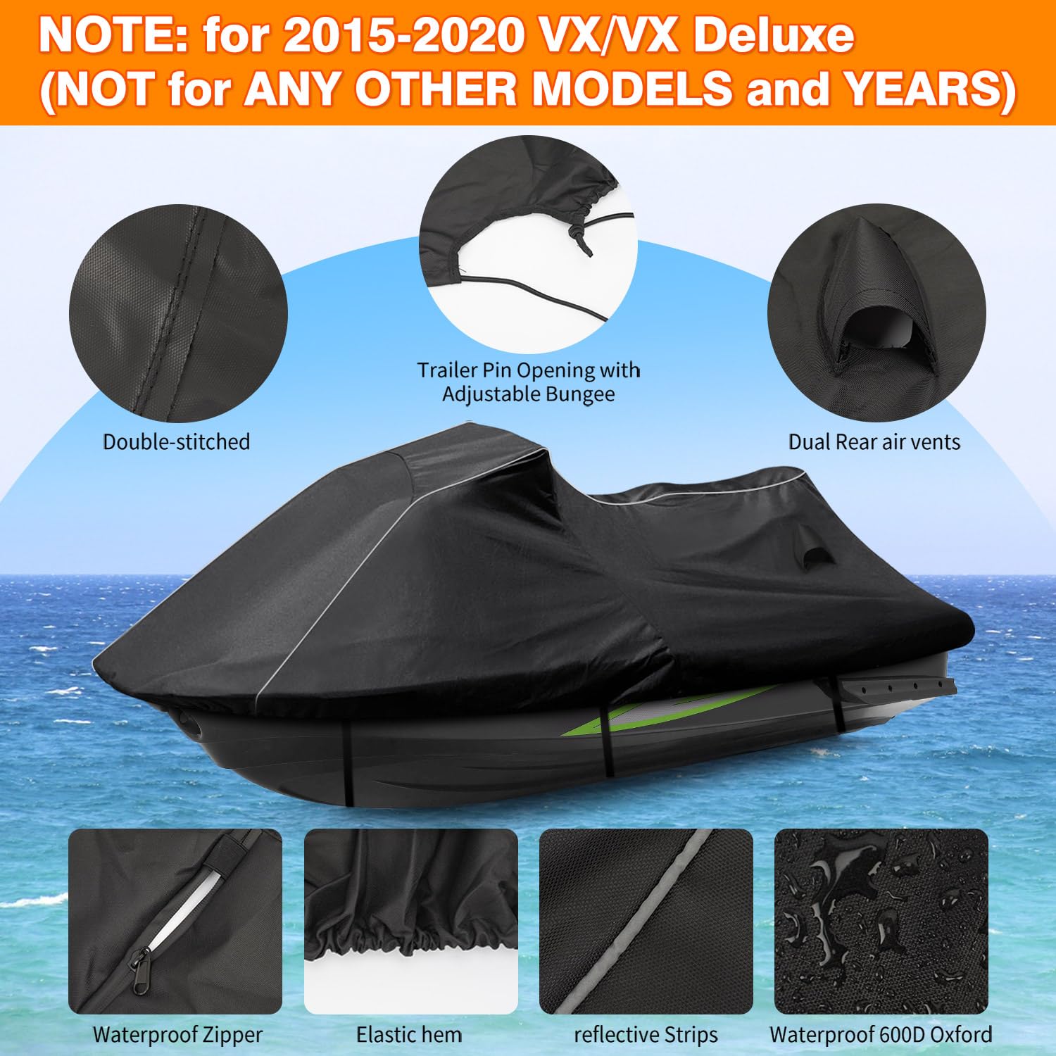 Funda para Remolque de Moto acuática Yamaha VX/VX Deluxe 2015-2020 con Cremallera Impermeable, Oxford 600D, Poliuretano Impermeable, a Prueba de Rayos UV, para Moto acuática Waverunner