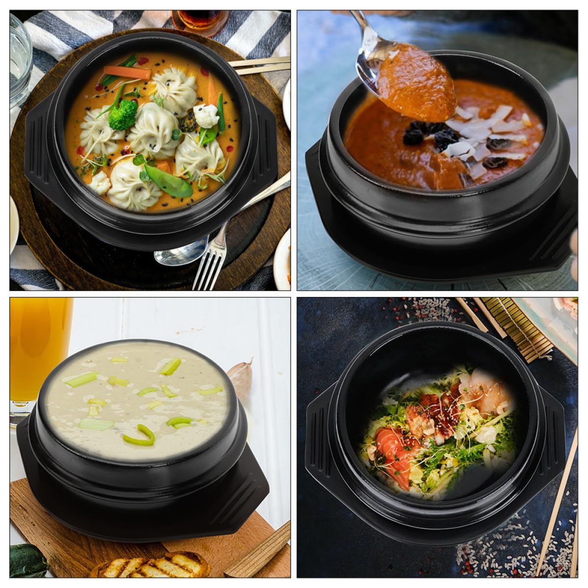 Koreanische Keramikschale Bibimbap Topf aus Keramik mit Gleichmäßiger Wärmleitung und Verhinderung von Verbrühungen Inkl Schwarzer Basisablage für Hausgebrauch
