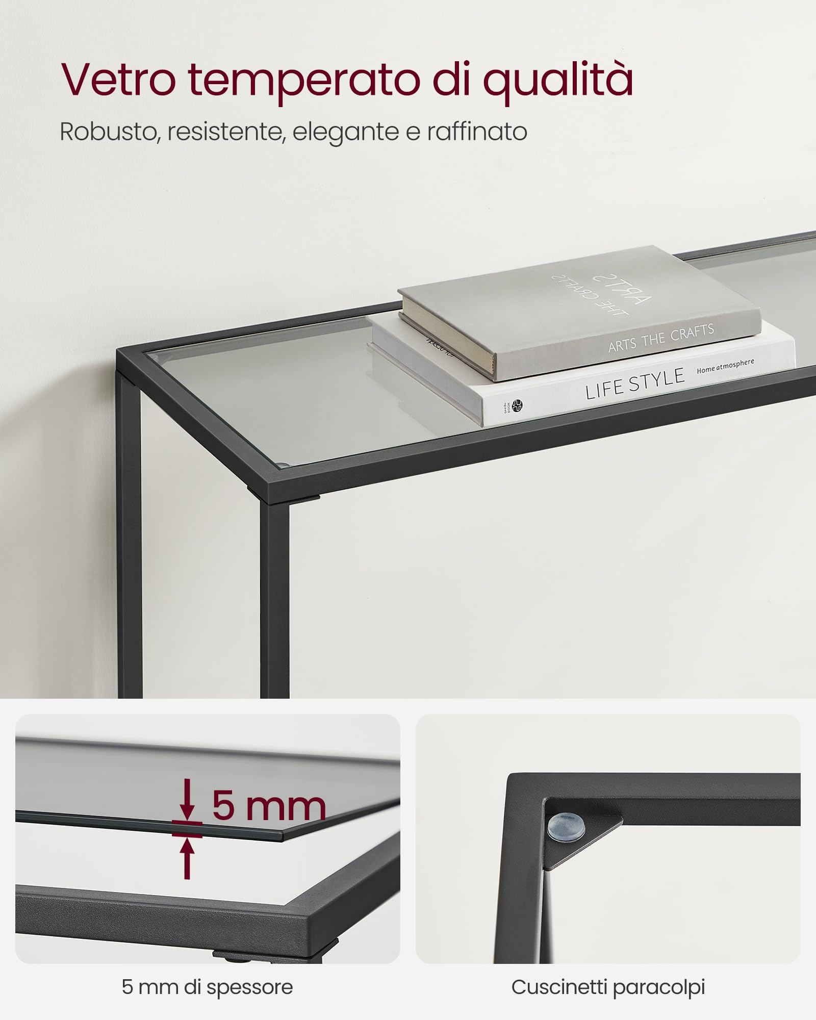 VASAGLE Consolle Ingresso, Tavolo Consolle, Piano in Vetro Temperato, Telaio Robusto e Stabile, Piedini Regolabili, per Soggiorno, Corridoio, Nero Inchiostro e Grigio Ardesia LGT132B01