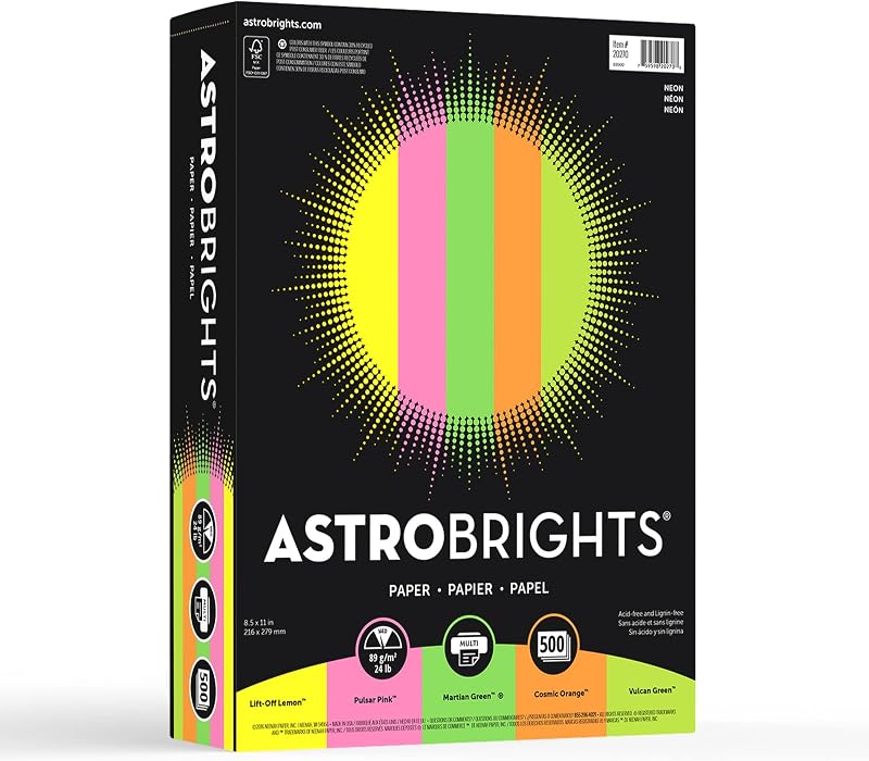 Neenah Astrobrights Papel de colores, 8.5" x 11", 24 lb/89 gsm, Surtido de 5 colores "Neón", 500 hojas (20270)