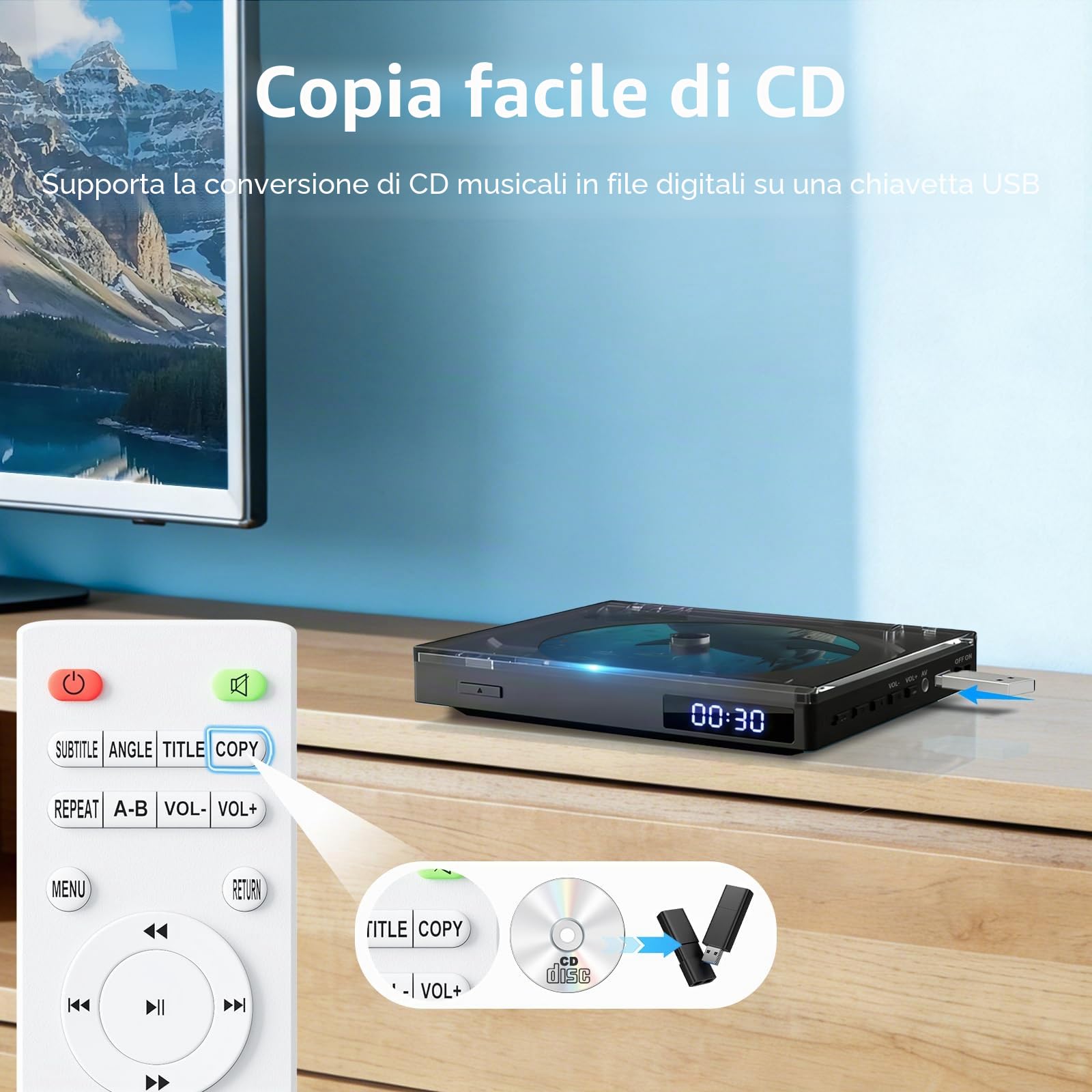 Lettore DVD Super Slim, Lettore DVD Compatto per TV, Player con Altoparlante HiFi Integrato, Uscita USB, Porta AUX da 3,5mm, PAL/NTSC Integrato