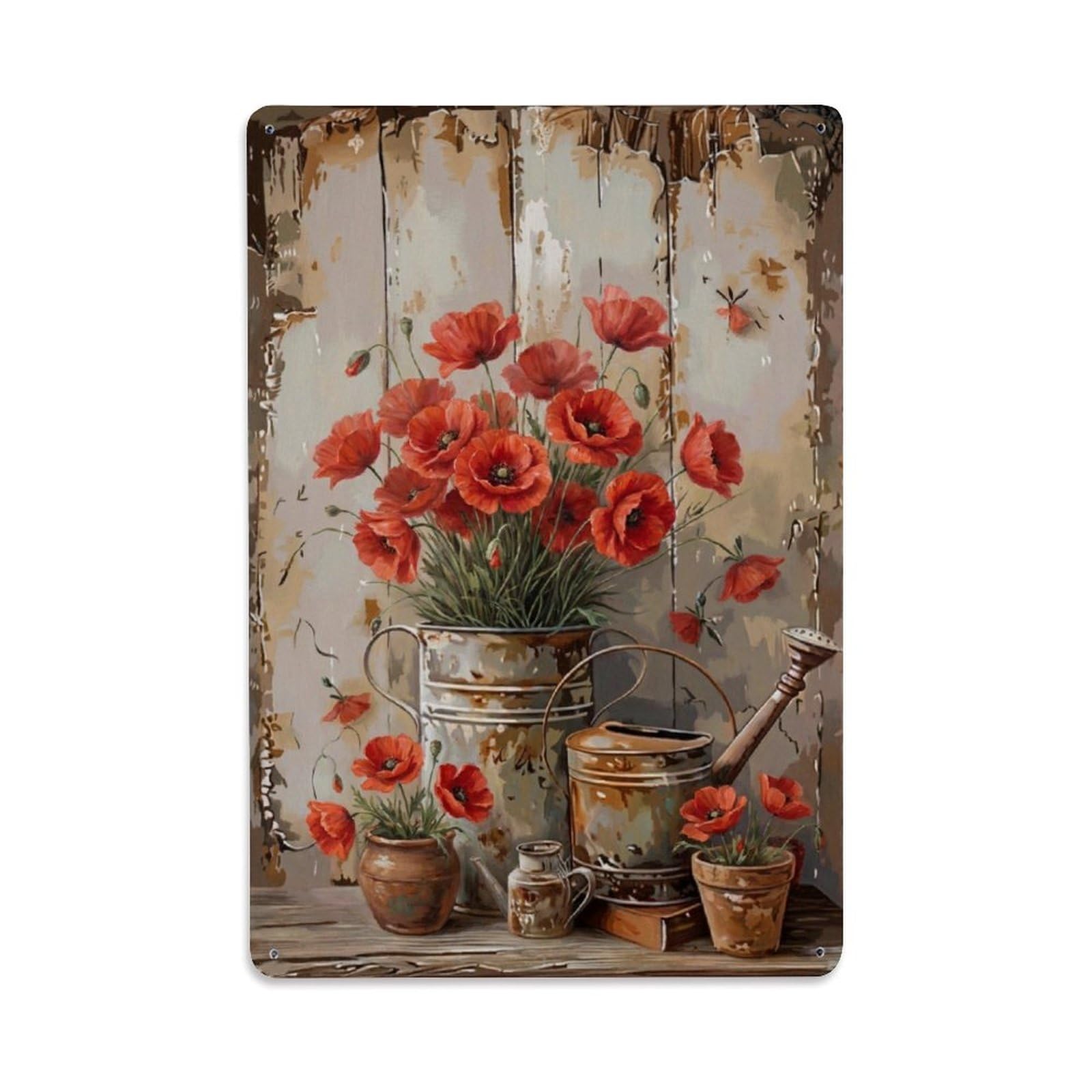 Vintage Flower Bunch Poppy Pastoral Aesthetics Metal Tin Sign