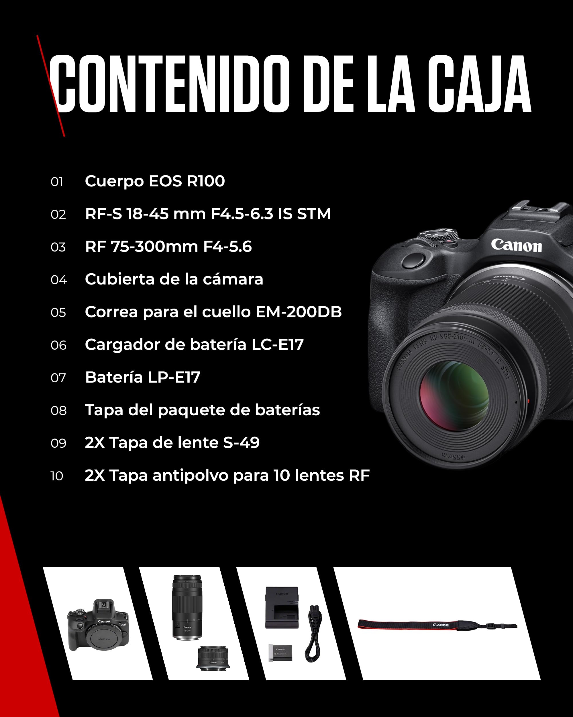 CANON EOS R100 Cámara Mirrorless + Objetivo RF-S 18-45 mm + RF 75-300mm Kit Doble Zoom, Cámara Evil APS-C (24,1 MP) -4 EV, Vídeo 4K 25 fps, Dual Pixel CMOS AF, Wi-Fi y Bluetooth, Negro