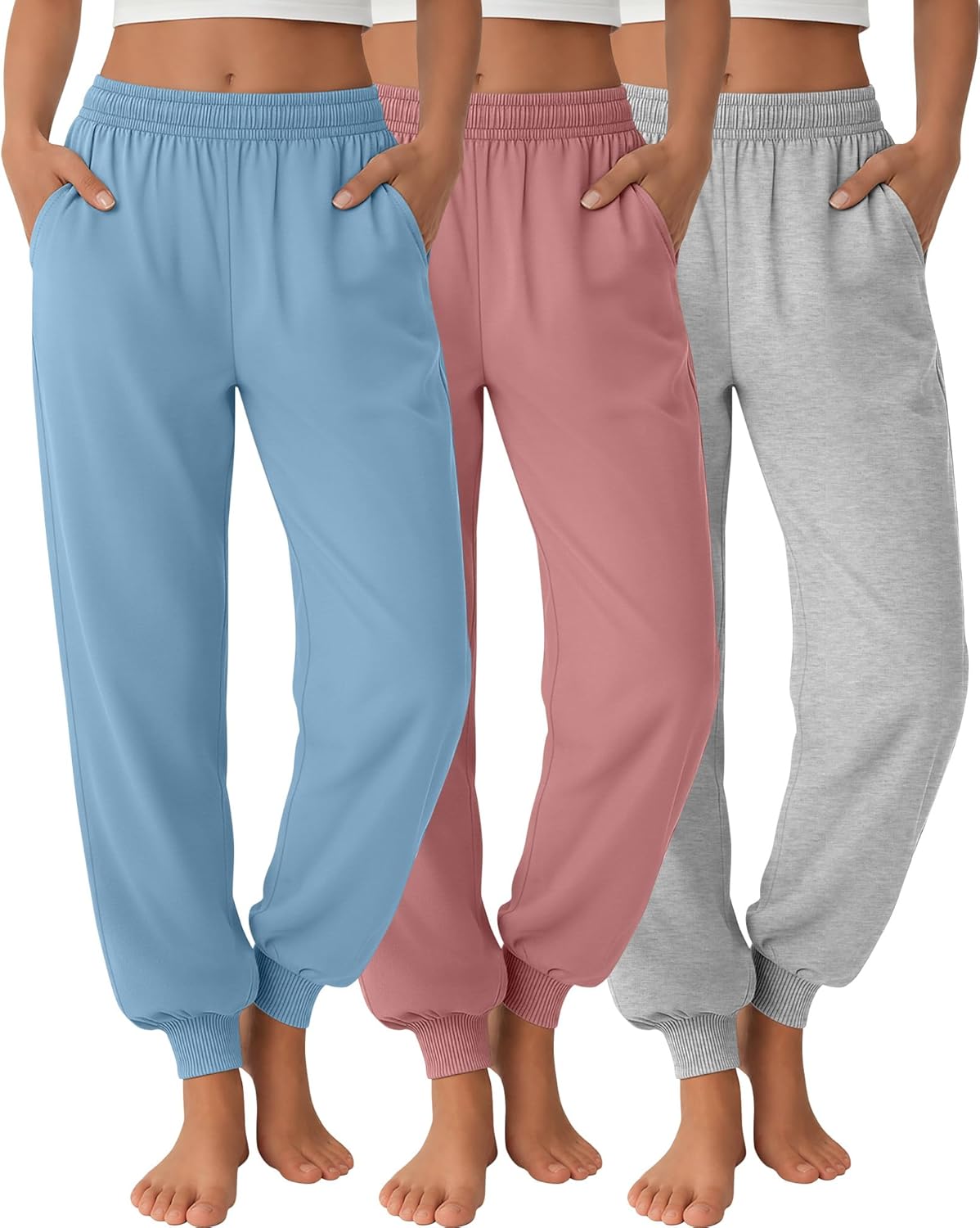 3 Pack Women's Joggers Pants, Cozy High Waist Sweatpants Tapered Drawstring Yoga Casual Lounge Pants with Pockets