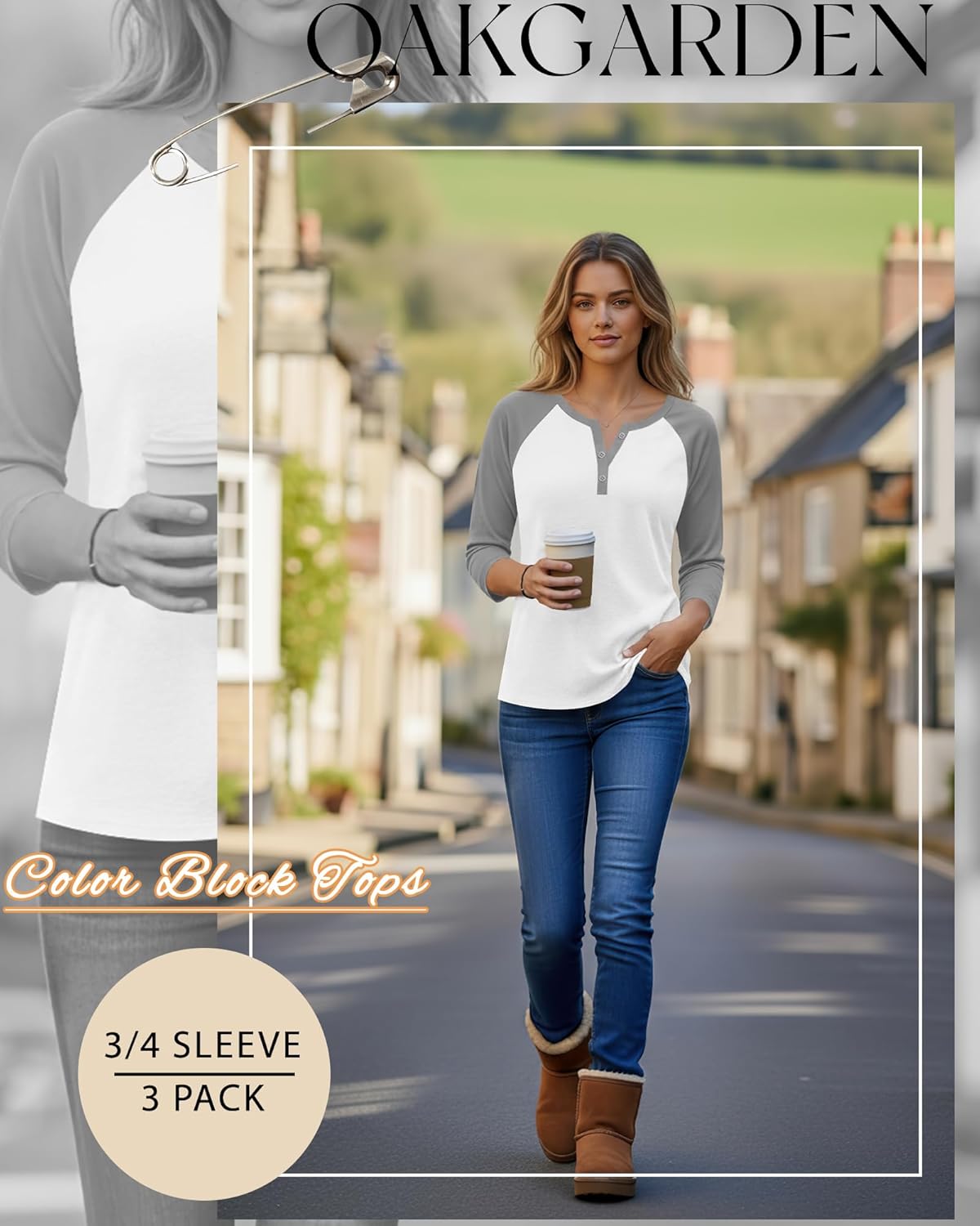 3 Pack Womens 3/4 Raglan Sleeve Shirts V Neck Baseball Tee Color Block Tops Tunic Blouses Button Henley T Shirts - Image 3