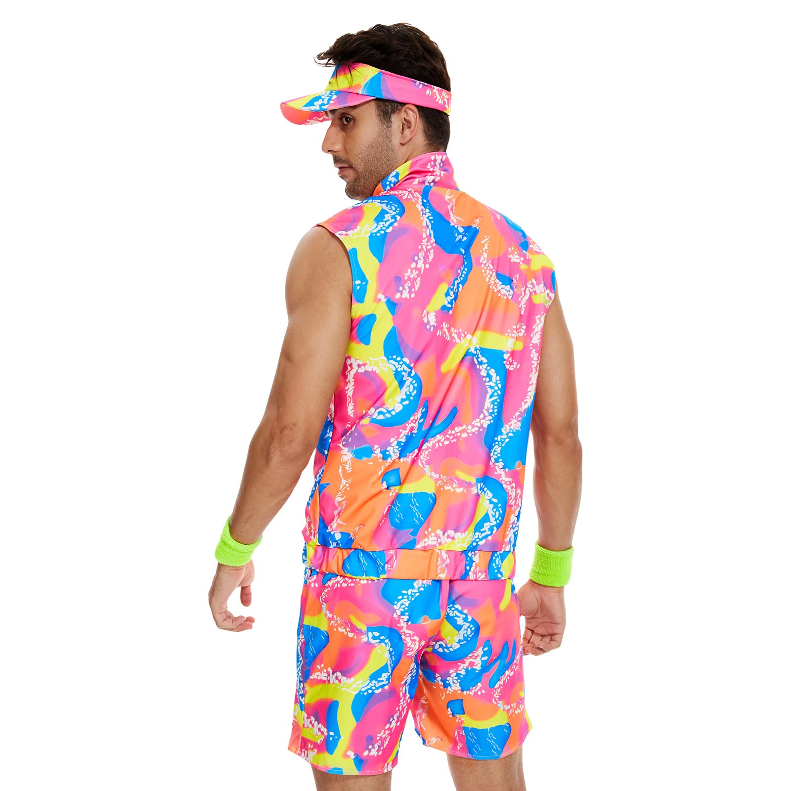 Disfraz de 7 piezas de los años 80 y 90 para mujer, disfraz de hip hop con camiseta de neón, pantalones cortos, sombrero, radio, para fiesta temática y cosplay