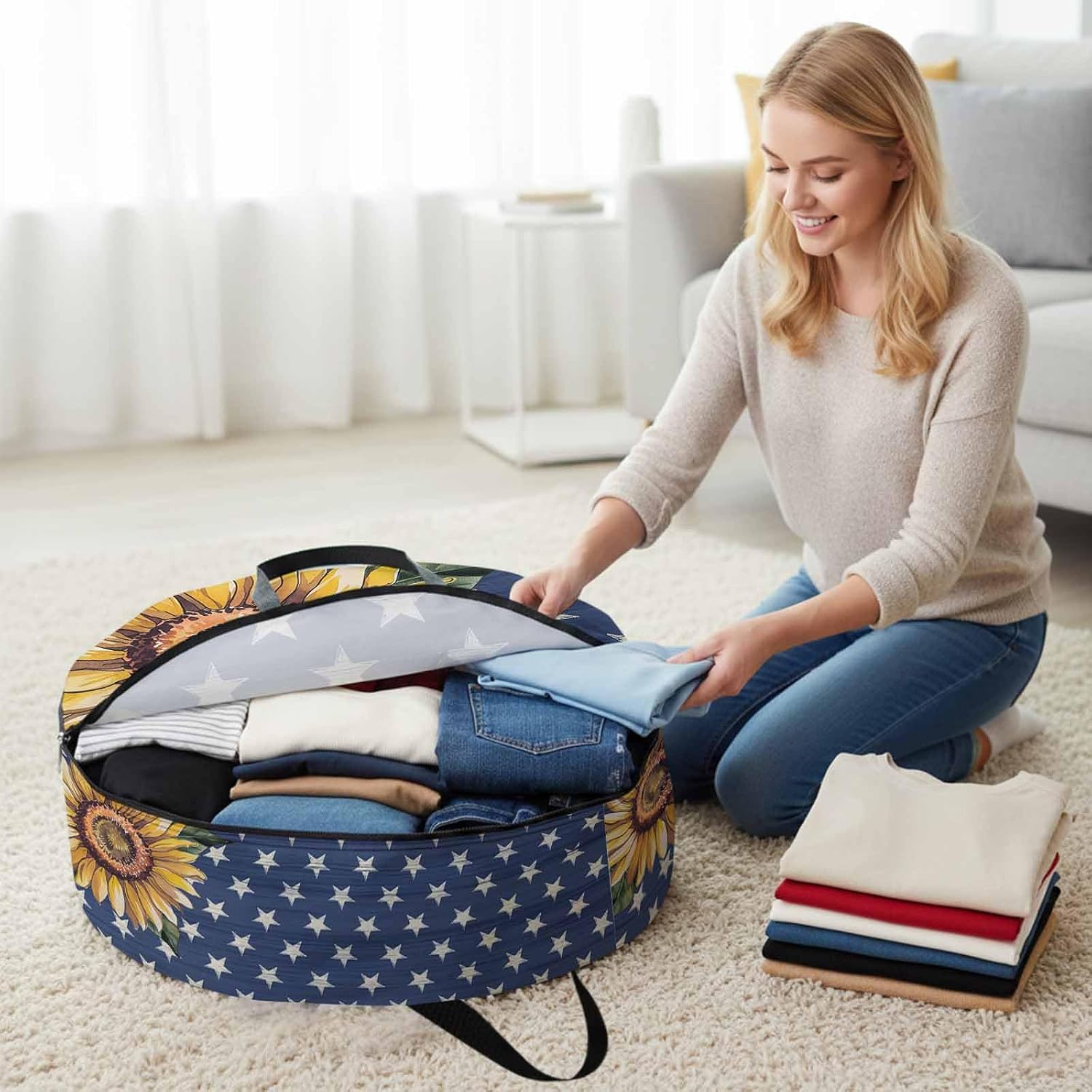 Independence Day Round Storage Bag 36 Inch, Hand Panted Sunflowers Countryside Star Clothes Storage Container with Handles Heavy Duty Organizer for Comforter, Bedding & Holiday Wreaths