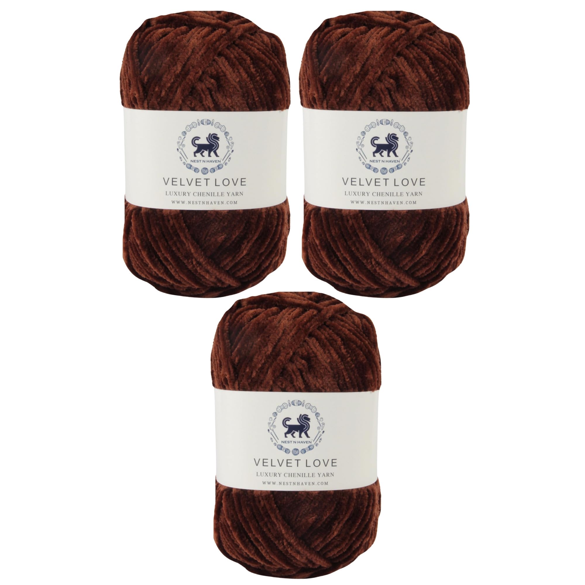NESTNHAVEN, Velvet Love, Chenille Yarn Supersoft Hand Knitting Wool Ball, (1 Ball/100 Gram Each) Ball Suitable for Craft, Baby Blankets, 4 Medium, Shade no - NNHVL (Brown) | (300 Gm)