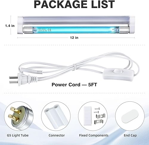 Miniatura 9 de COOSPIDER Lámpara de luz UVC de 6 W, lámpara desinfectante de 253.7 nm con cable de interruptor de encendidoapagado de 5 pies y enchufe, bombilla de