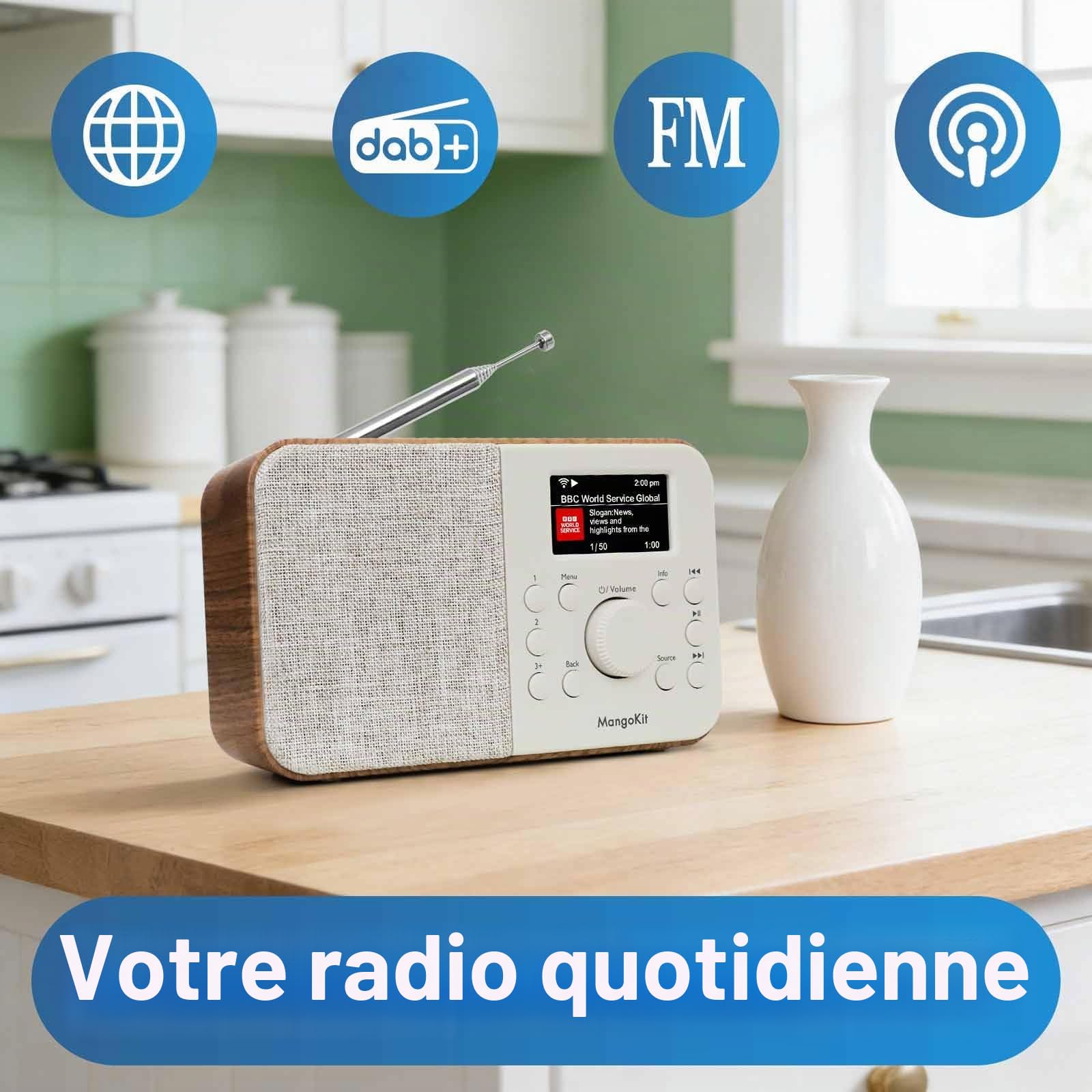 SR-L Radio Internet WiFi avec Bluetoot 5.3, FM/Dab/Dab+ Radio,Podcasts,150 Préréglages, Radio Réveil, Radio de Cuisine avec écran Couleur, Prise Casque,Alimentation Secteur ou Batterie-Noyer