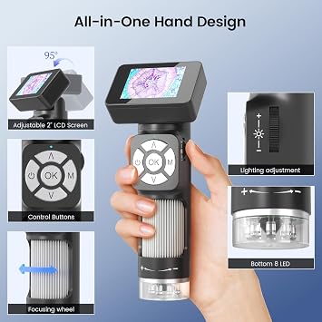LM112 Microscope for Kids Adults Handheld with 2 Screen, 500X Portable Microscope Kit with Case, USB Magnifier with 8 LED Light, 5pcs Biological Slides, 32G