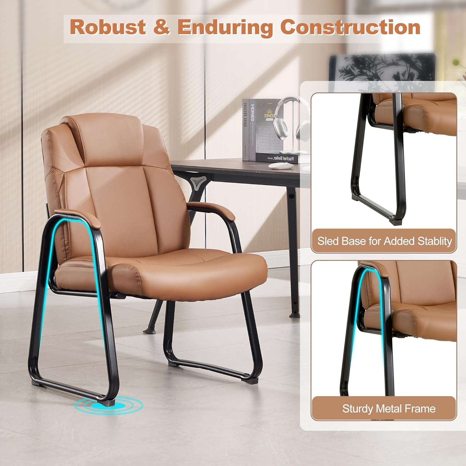 Qulomvs Big & Tall Waiting Room Guest Chairs, Office Reception Conference Room Meeting Chair, PU Leather Stationary Desk Chair No Wheels with Padded Arms, for Home Waiting Area Office Lobby, Set of 4