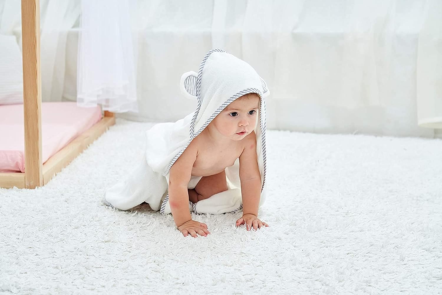 HIPHOP PANDA Hooded Towel - Rayon Made from Bamboo, Bath Towel with Bear Ears for Newborn, Babie, Toddler, Infant - Absorbent Large Baby Towel - White, 30 x 40 Inch