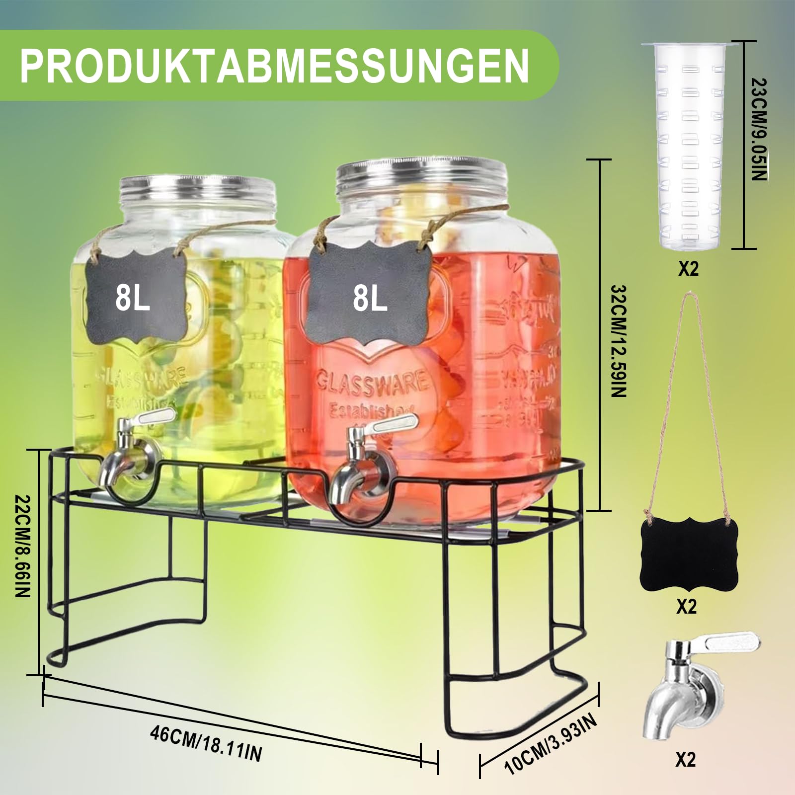 2 x 8L Getränkespender mit Eisenrahmen Filtereinsätze Zapfhahn und Deckel,