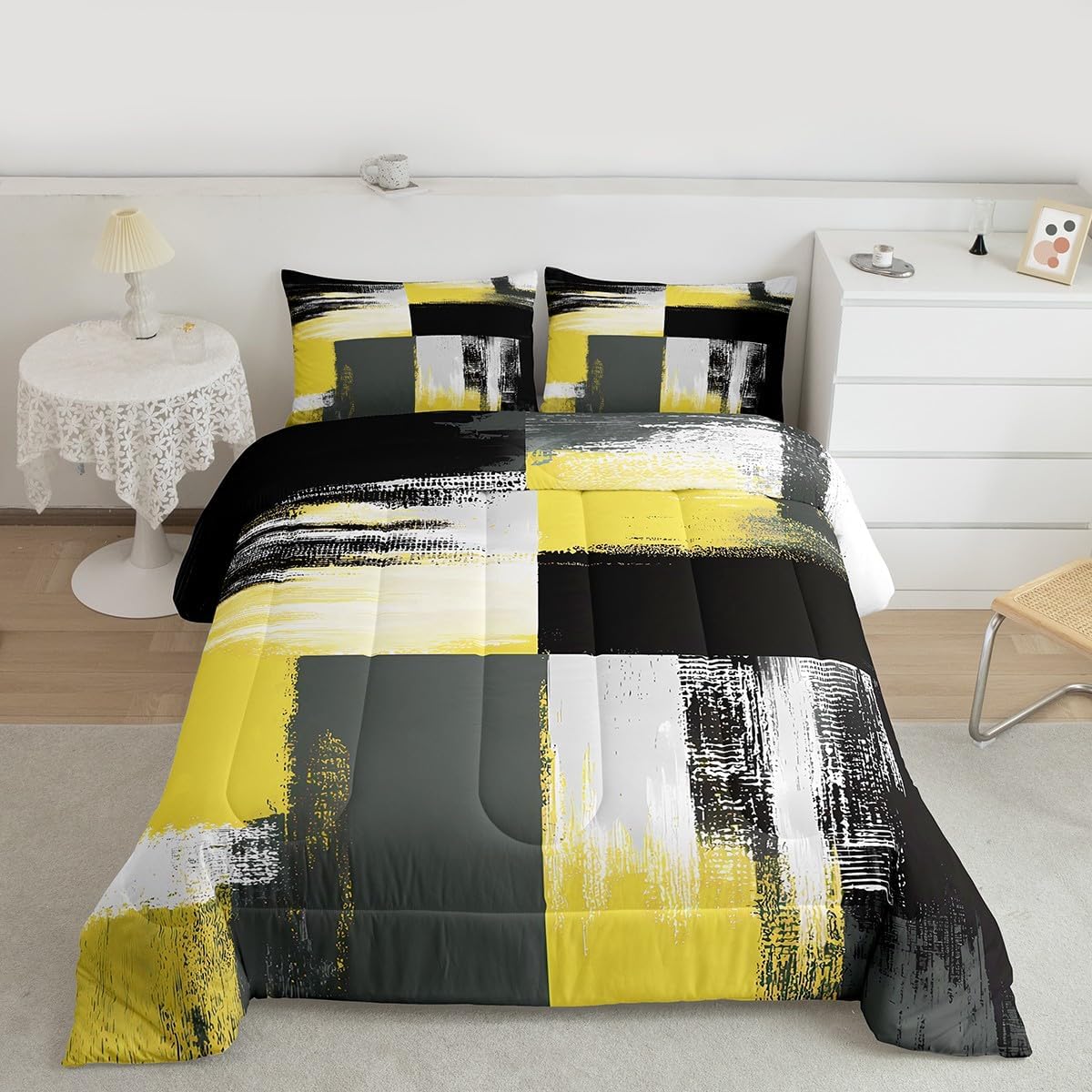 Feelyou Abstract Art Yellow Grey Black White Comforter Set Queen Size Kids Geometric Comforter for Boys Teens Geometric Bedding Set Breathable Stripe Line Duvet Set Room Decor Quilt Set