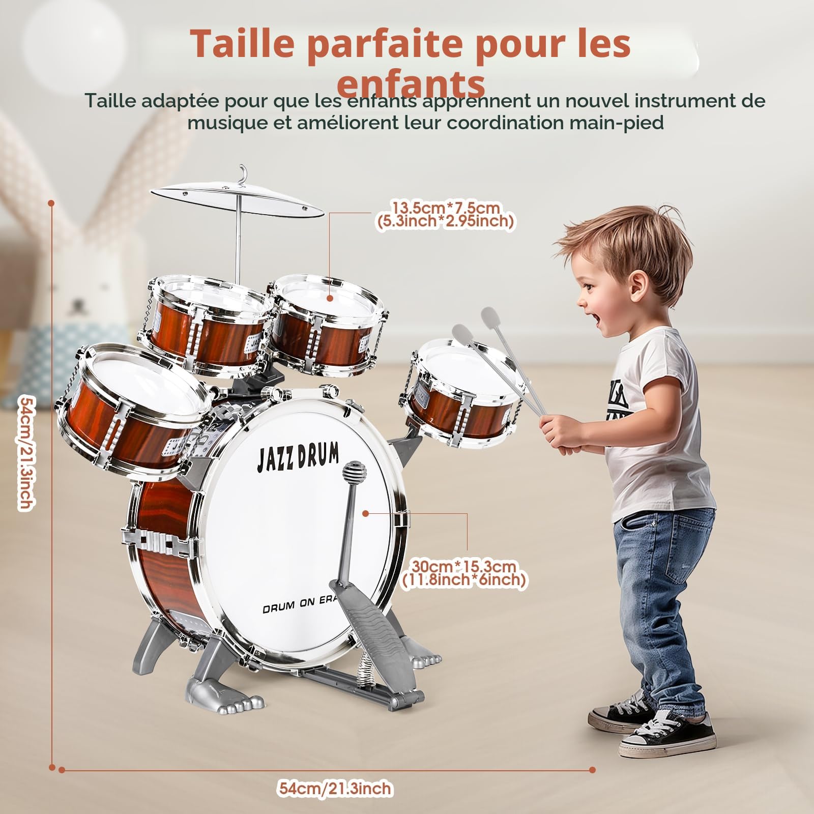 Batterie Enfant 5 Tambours avec Tabouret, Jazz Drum Instrument dès 3 Ans