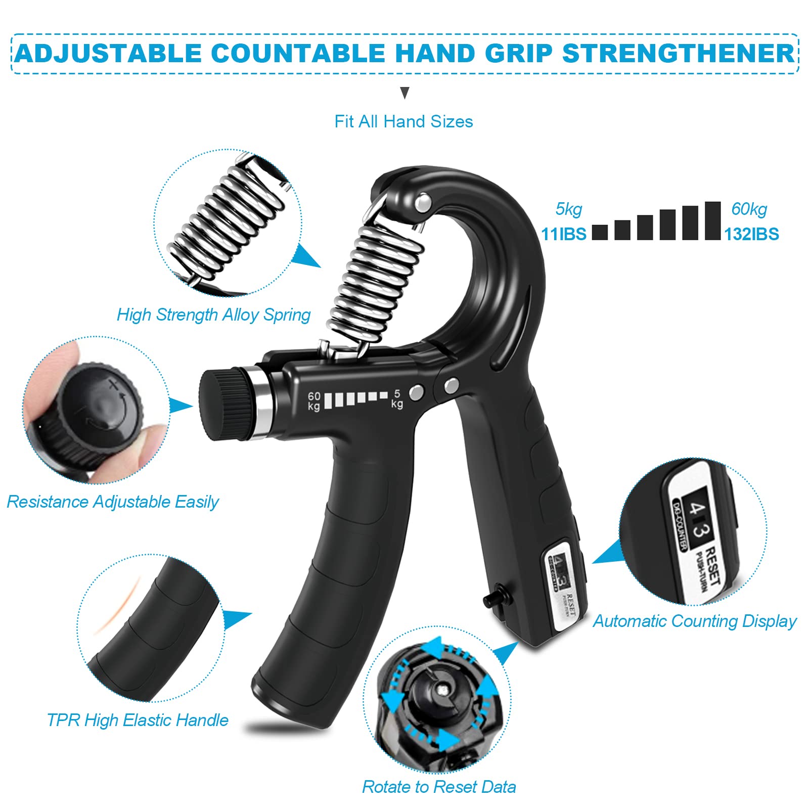 Hand Grip, 5-60kg Ajustable Poignee Musculation Avant Bras Main Poignet, Pince Musculation, Étireur De Doigts. - Sport