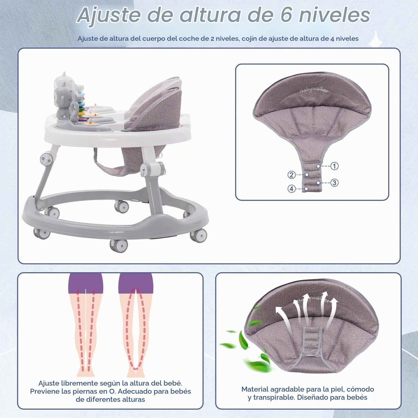 Andador para bebés a prueba de vuelcos Andador de plástico aprendizaje Montessori aprendizaje musical 4 en 1 juguete para exteriores andador ayuda para caminar gris