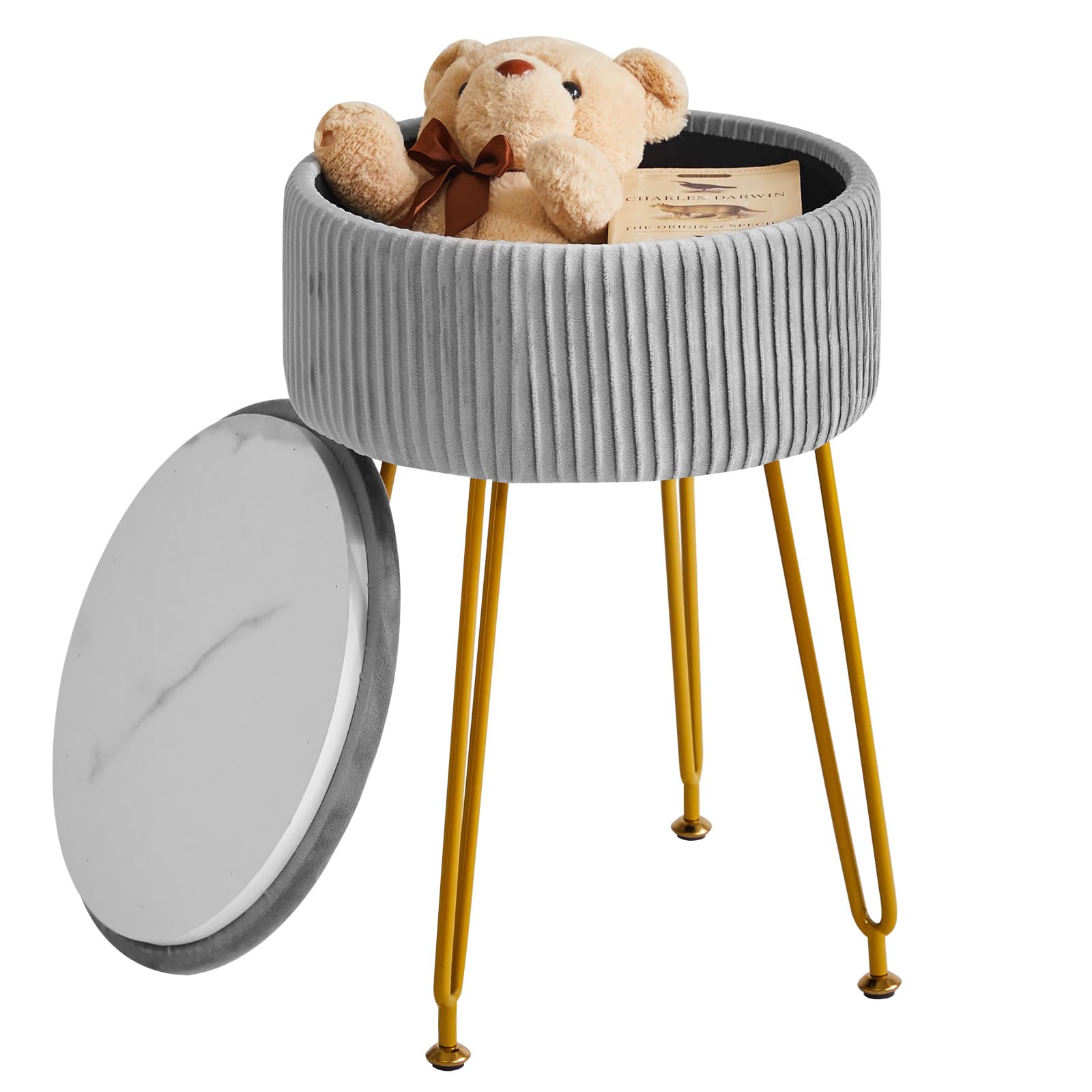 IBUYKE Velvet Storage Footrest Stool Ottoman, Makeup Vanity Stool Side Table with Golden Steel Legs Removable Cover, Coffee Table Top Cover, Grey L/G-20G — image 1