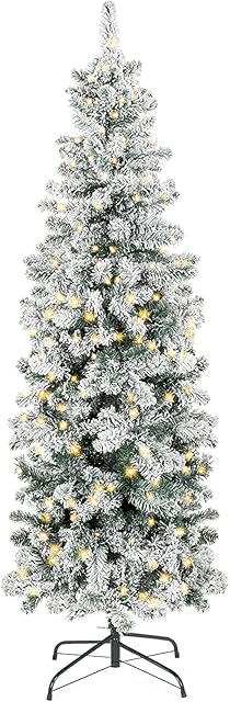 Abaseen 6FT Pre Lit Snow Tipped Pencil Slim Artificial Christmas Tree 170LEDs, Xmas Tree 555 Tips Easy Assembly Foldable Reusable Strong Metal Stand, Indoor Decoration for Christmas (6FT)
