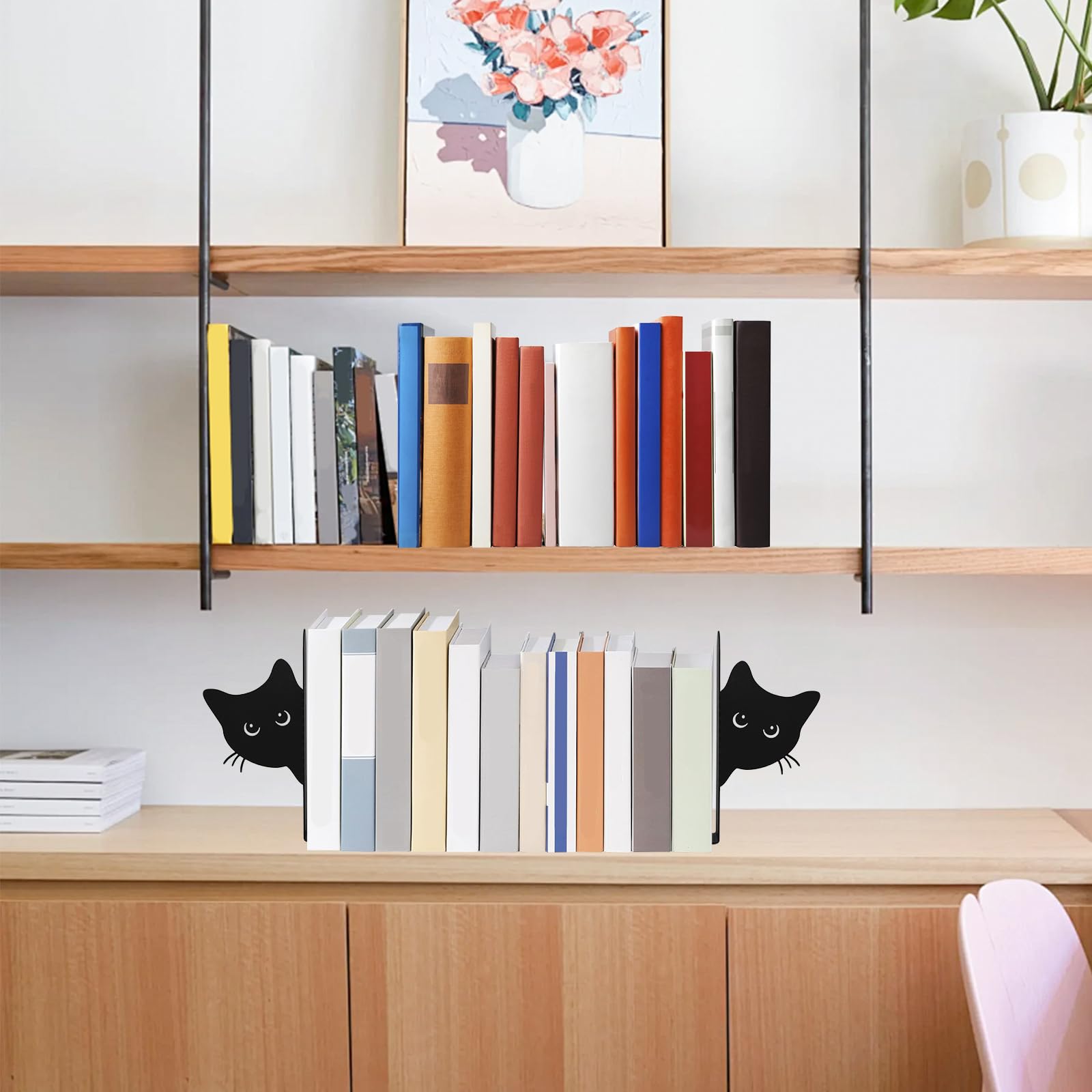 Serre-livres en métal, 2 pièces Créativité Chat Support de livres 15×4×18 cm (Largeur de la tête de chat 8,3 cm) Support de livres en métal pour l'école, le bureau et la maison, Noir (Visage