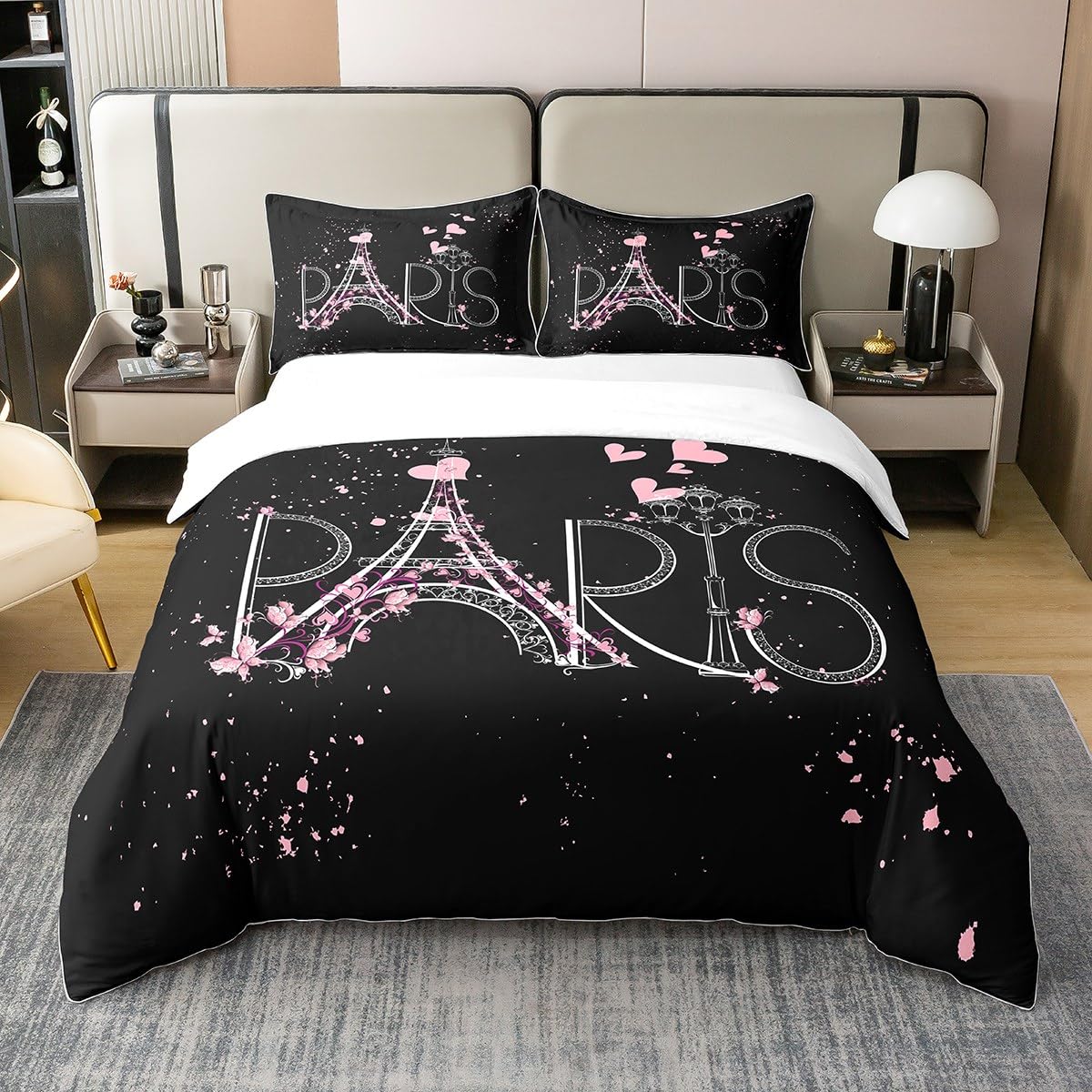 Eiffel Tower 100% Cotton Duvet Cover Chic Paris Bedding 100% Cotton Set Romantic Theme for Children Black Pink Bedroom Decor Modern French Style Duvet Set Double Size Zipper with Pillow Case