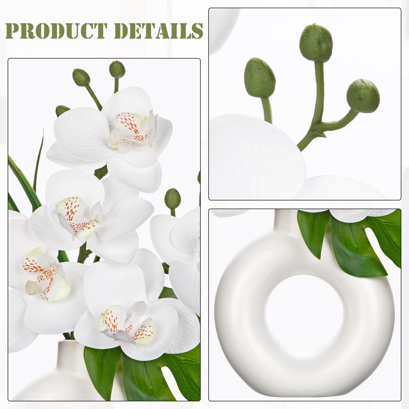 Lot de 2 mini plantes artificielles orchidées avec vase donut en céramique - Fleurs artificielles - Fleurs artificielles comme de vraies fleurs avec fleurs Real-Touch dans un pot en céramique -