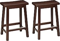 Amazon Basics Solid Wood Saddle Seat Counter Height Bar Stools 24 Inch Walnut Finish with Footrest - Kitchen Island Set of 2