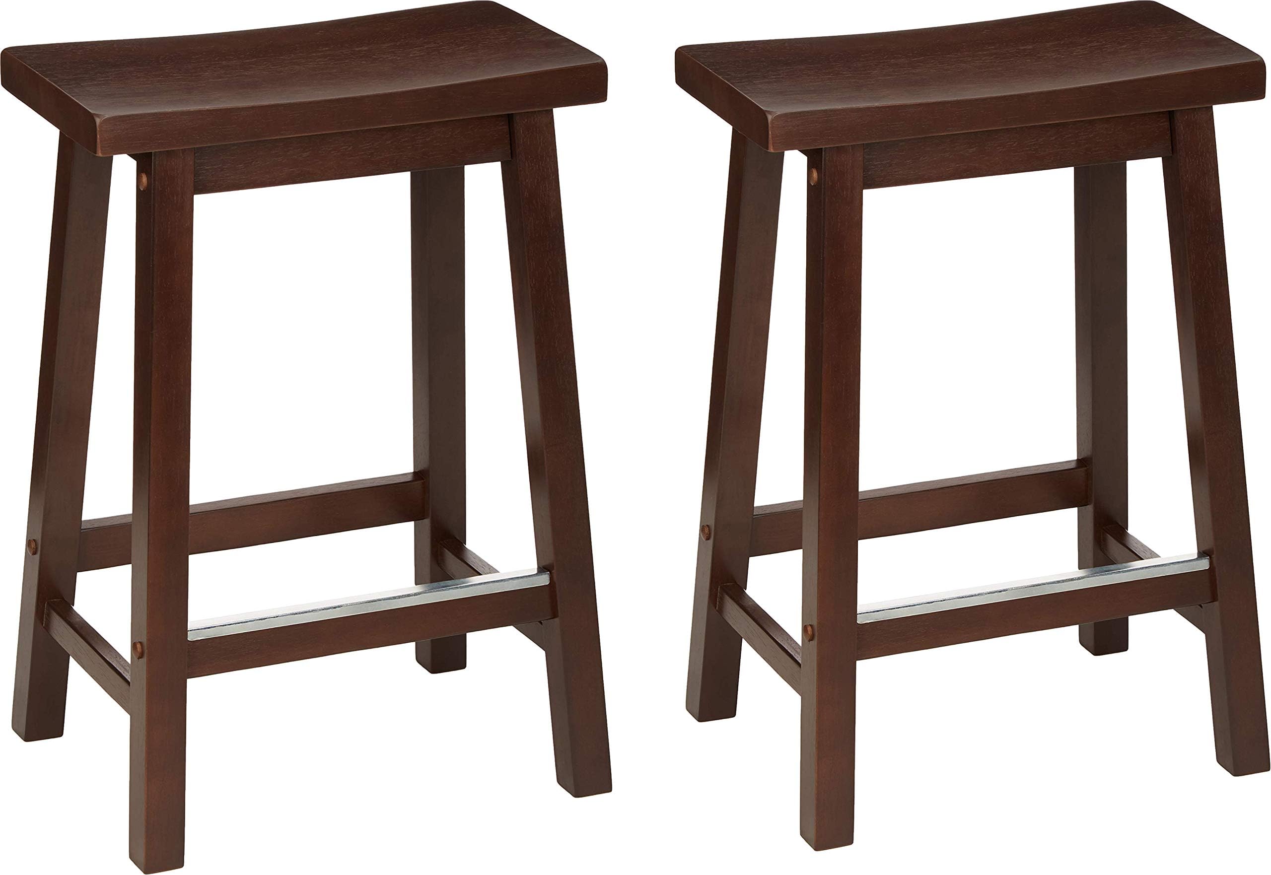 Solid Wood Saddle-Seat Counter Height Bar Stools for Kitchen Island with Footrest, 24-Inch Height, Walnut, Set of 2