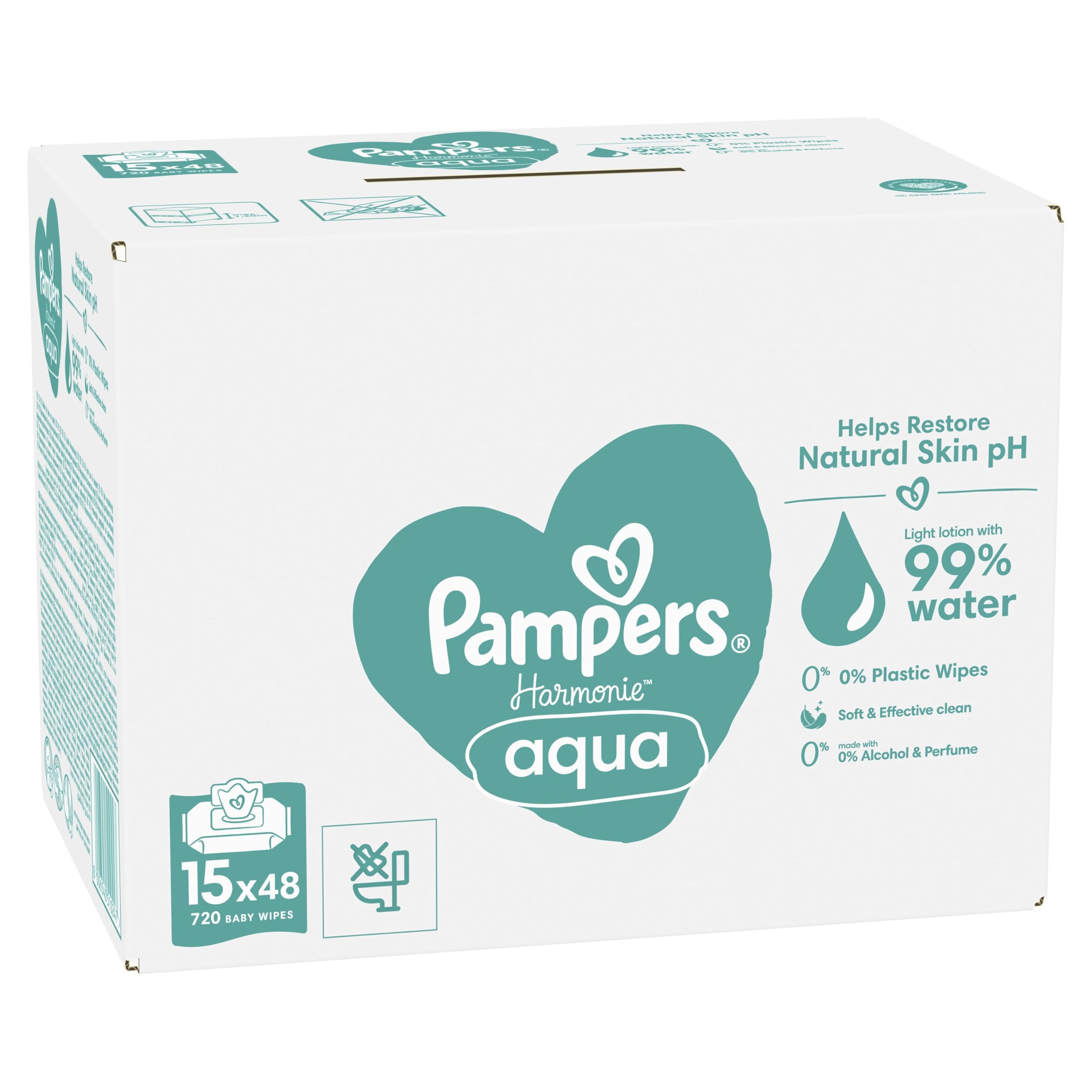 Pampers Harmonie Aqua, 720 Lingettes pour Bébé (15x48), Sans Platisque, Certifié OEKO-TEX, Protection De La Peau Délicate Avec 99% D’Eau, Aide à restaurer le pH naturel de la peau