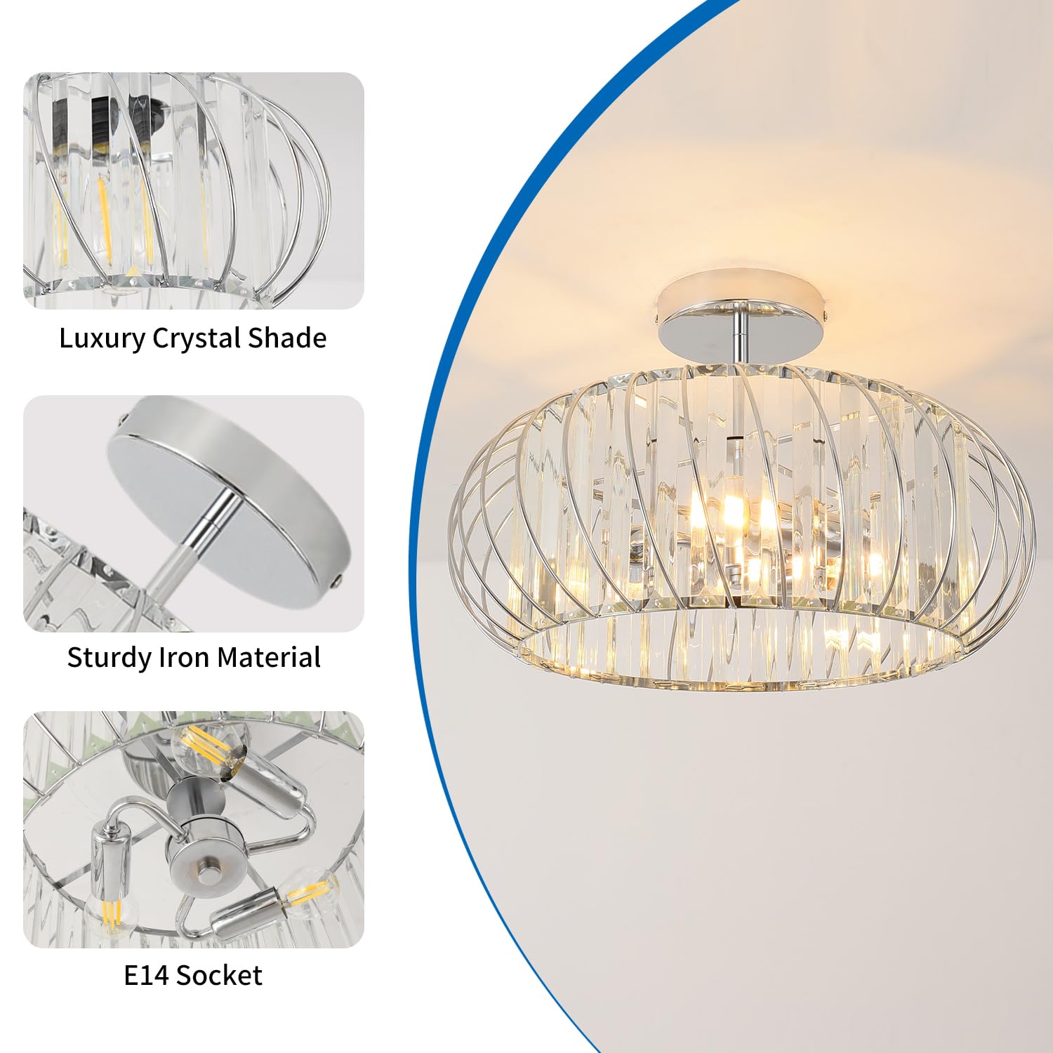 ANWIO Lampadari Cristallo Argento, Plafoniere Soggiorno Argento con 3 Luci, Lampadario a Sospensione Moderno E14, Plafoniere Vetro Per Camera da Letto, Ristorante, 40 CM (Senza Lampadine) Kitchen